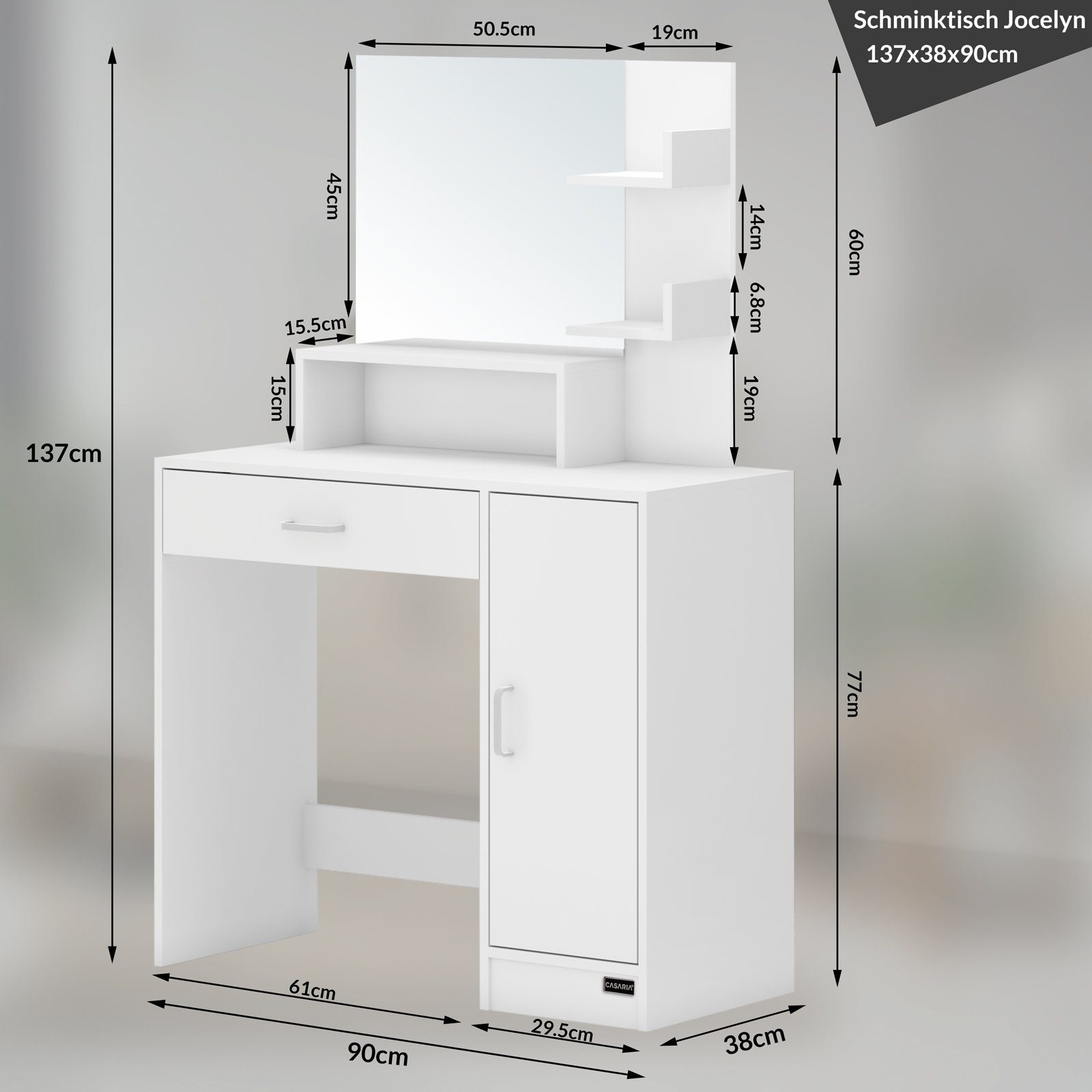 Make-up Schminktisch (1-St), Casaria Spiegel Beleuchtung Fächer 3 Schublade 137x90x38cm mit