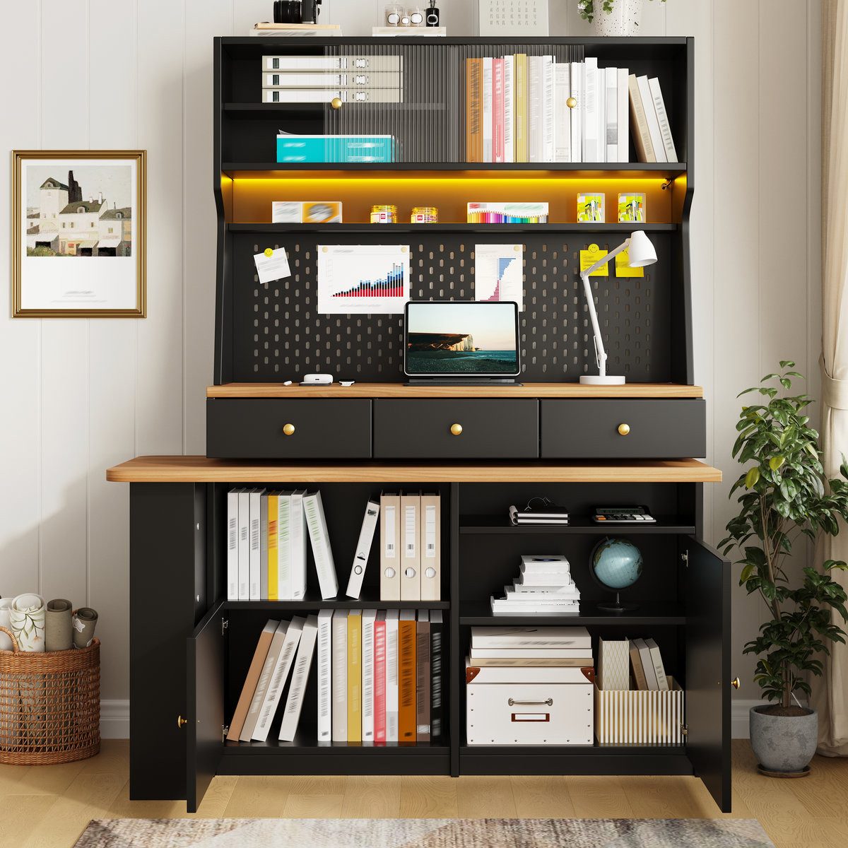 Odikalo Küchenbuffet Küchenschrank Buffetschrank mit Schreibtisch & LED (Multifunktionaler Stehschrank mit LED-Beleuchtung und App-Steuerung, Glastüren verstellbare Böden Pegboard, für Wohnzimmer, Esszimmer)