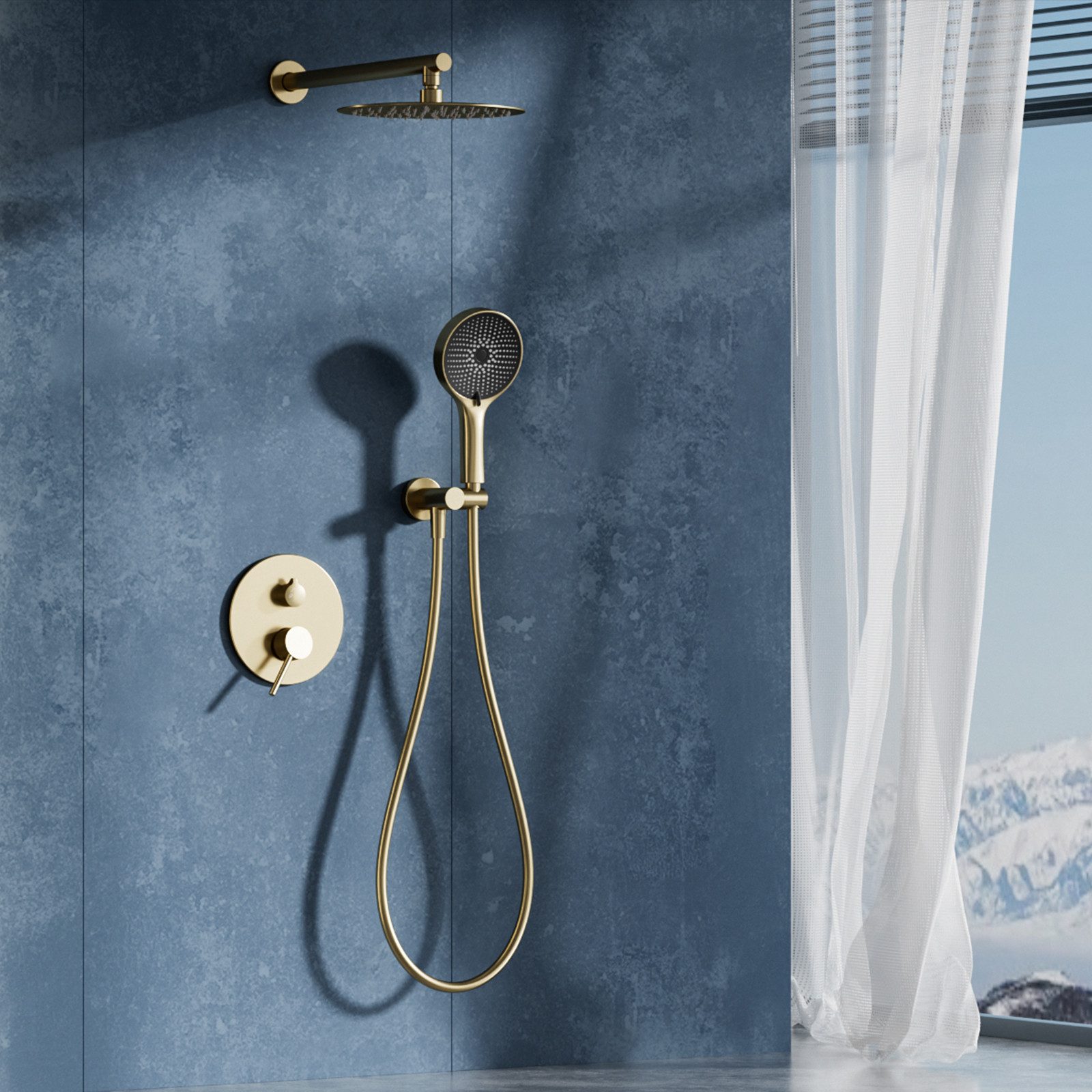 Oihpaw Duschsystem Dusch-Set Unterputz mit Regendusche & Brause, gebürstet Gold, 1 tlg., 30x30 cm Regendusche, 360° verstellbar + Anti-Kalk, Unterputz-Set