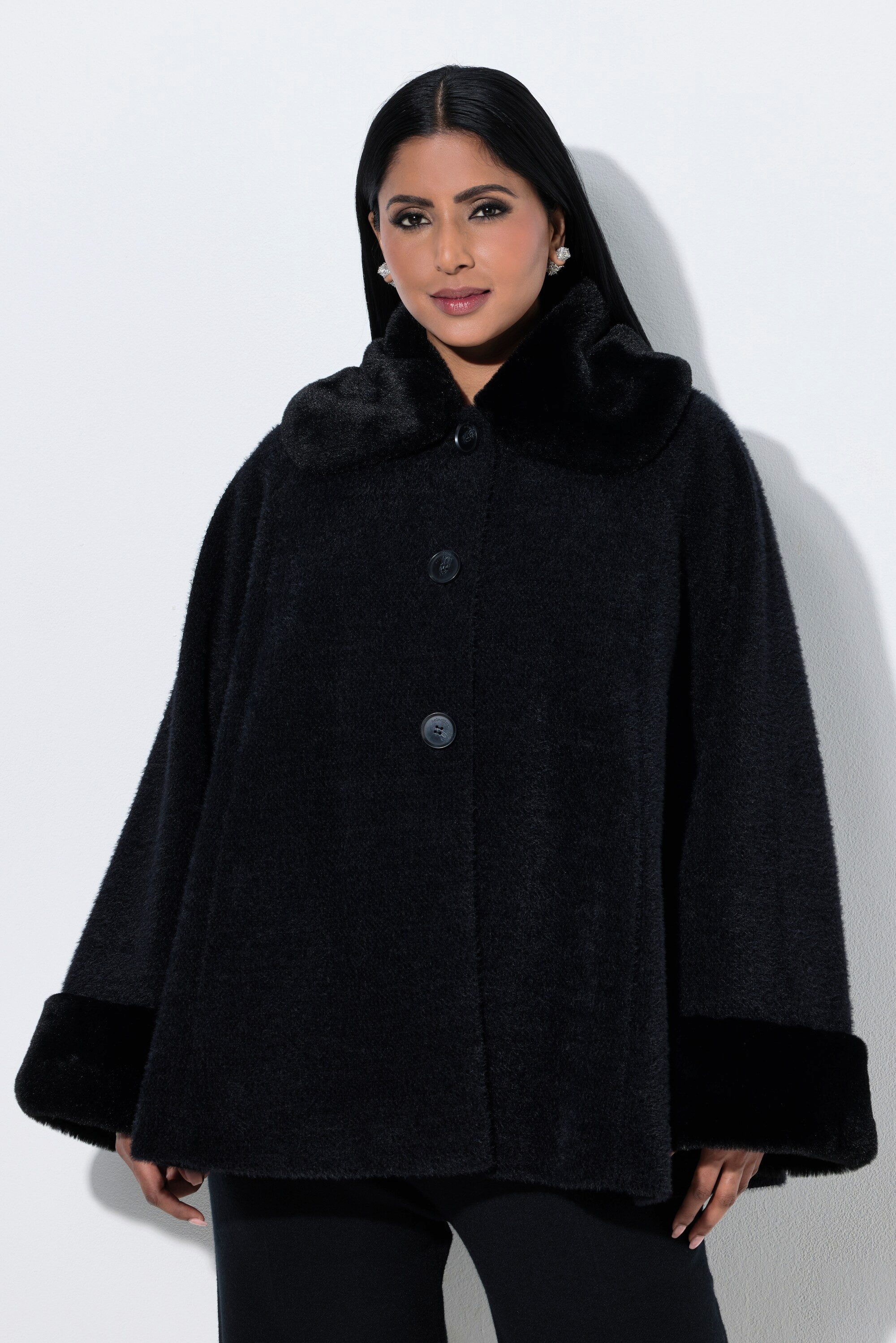 Ulla Popken Parka Cape-Jacke A-Linie Kunstfellbesatz-Kragen Raglan-Langarm