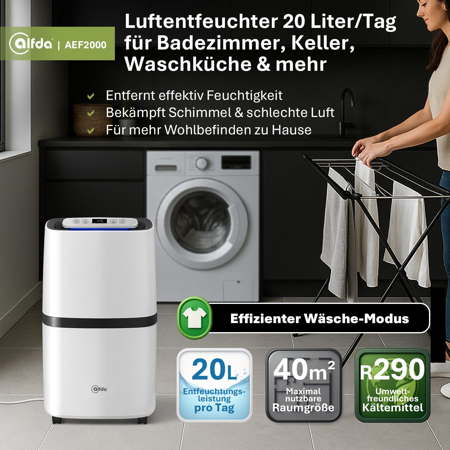 alfda Luftentfeuchter AEF2000, für 100 m³ Räume, Entfeuchtung 20,00 l/Tag, Tank 5,50 l, 4 Betriebsmodi, Abschaltautomatik, Kleidertrocknung