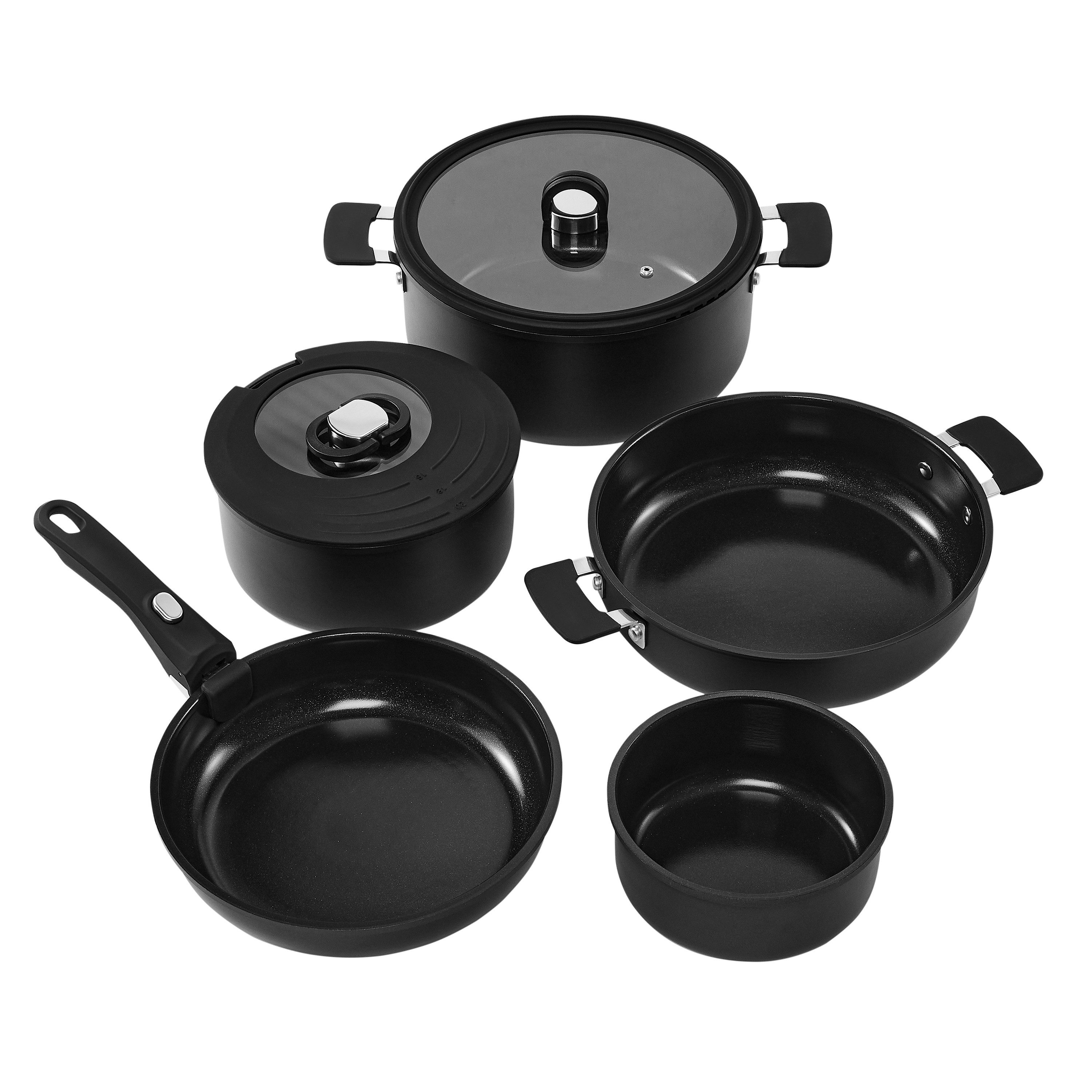 RESTO Kitchenware Topf-Set SAVE & STOCK Multifunktionales Stapelbares Set im Geschenkkarton, Aluminium (Set, 8-tlg., 1x Soßentopf, 2x Kochtopf, 2x Bratpfanne, 1x Griff, 2x Deckel), Induktion, für alle Herdarten geeignet