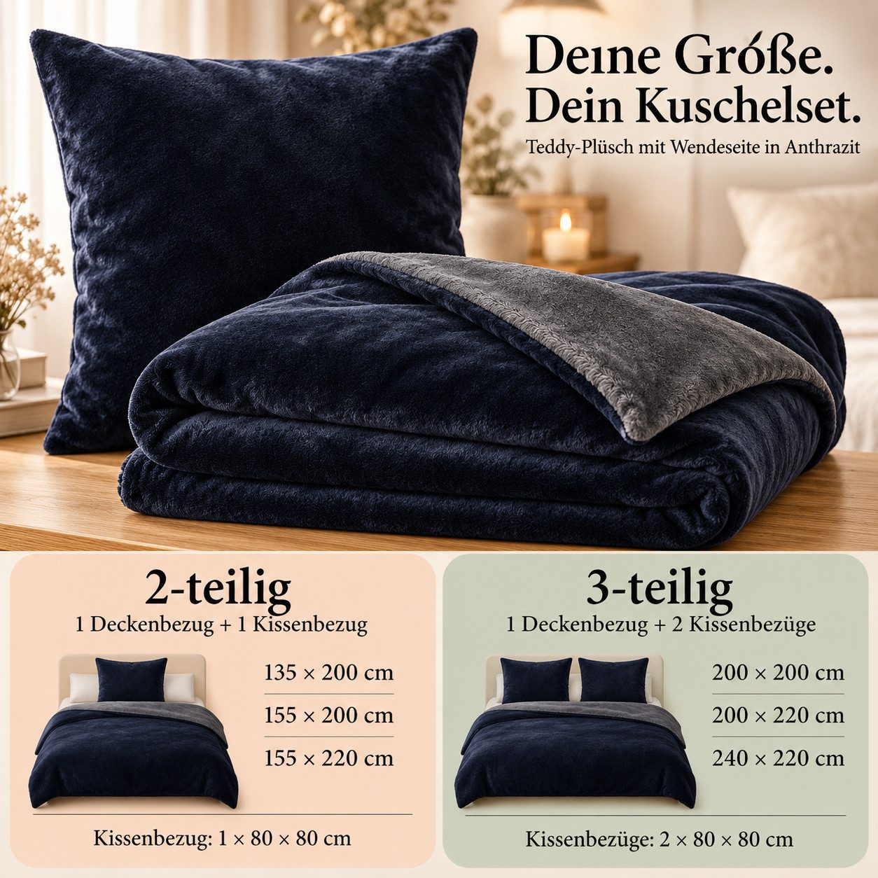 Leonado Vicenti Bettwäsche Winter Teddy Plüsch Cashmere Touch, Fleece, 3 teilig, flauschig warmes Nicky-Teddy-Plüsch, Einfarbig – Bild 4 von 5