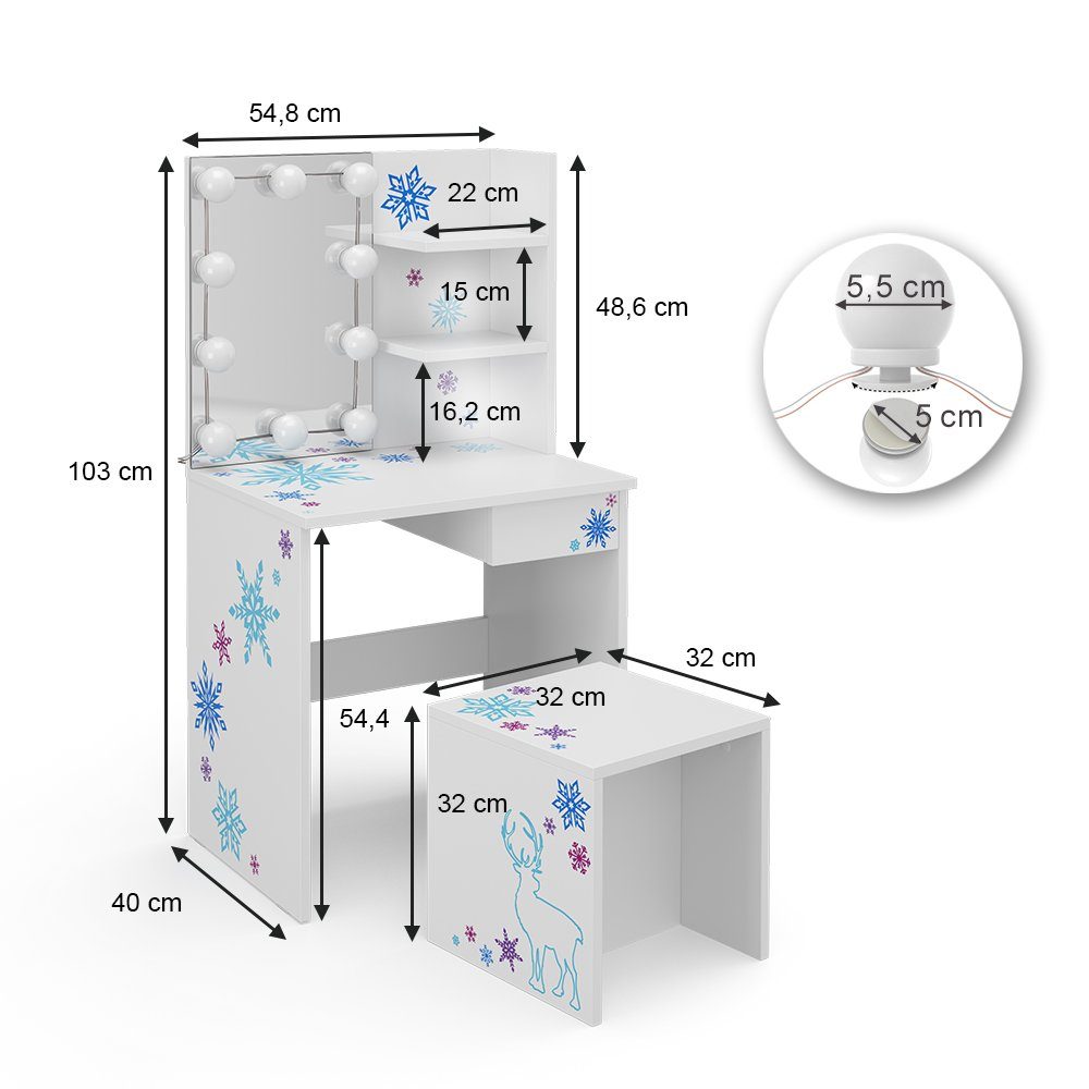 Vicco Schminktisch Schneeflocke, Weiß, 54.8 cm mit LED Beleuchtung (2-St)