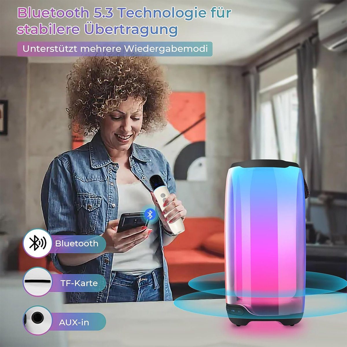 autolock Bluetooth Lautsprecher mit 2 Drahtlosen Geschenke) Mikrofonen (Mikrofon LED-Lichtmodi 6 für Kabellos Karaokemaschinen Lautsprecher mit