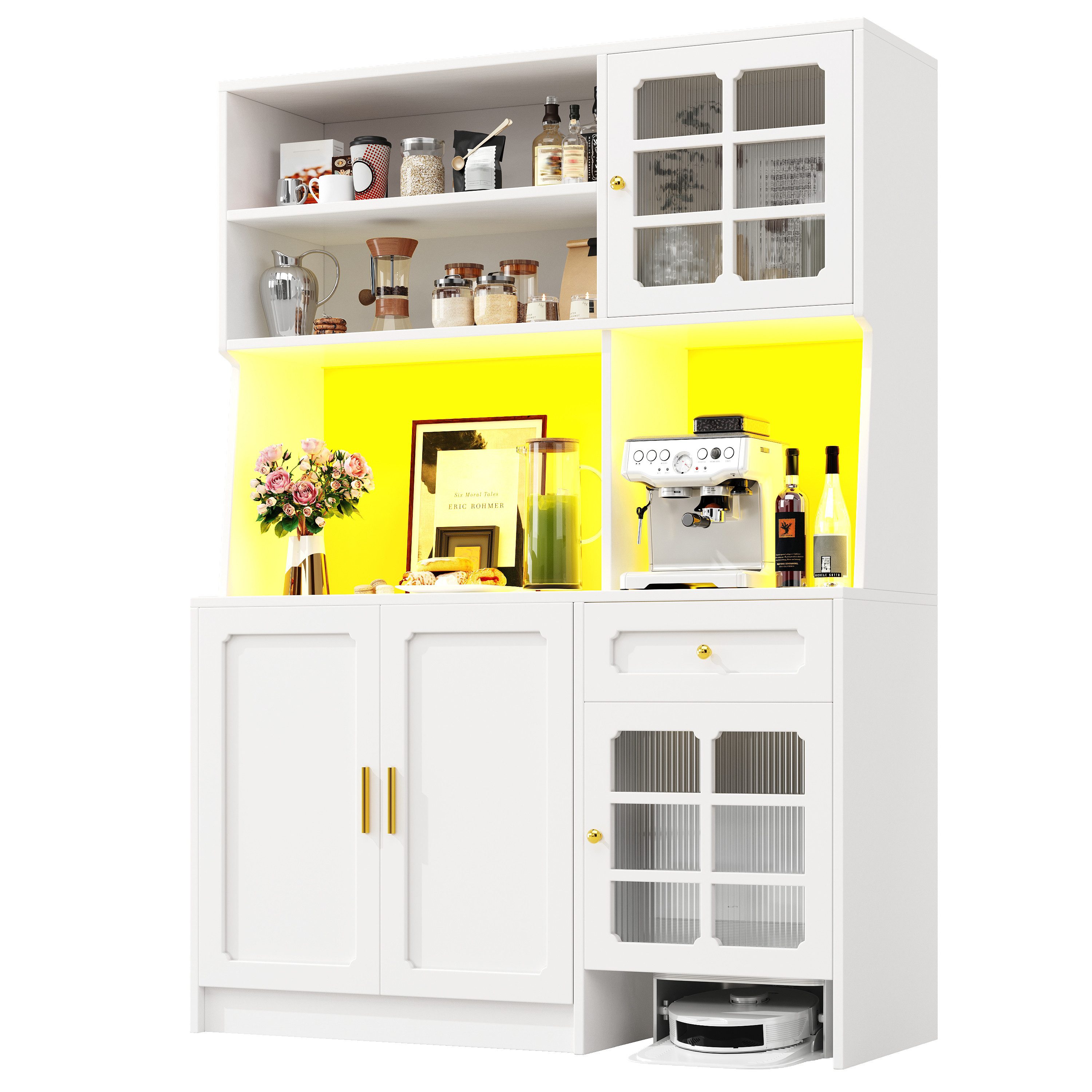 OKWISH Hochschrank Küchenbuffet,Kommode,Sideboard (mit Glastüren und LED-Beleuchtung, 1-St., 130*45*180cm(L x B x H)