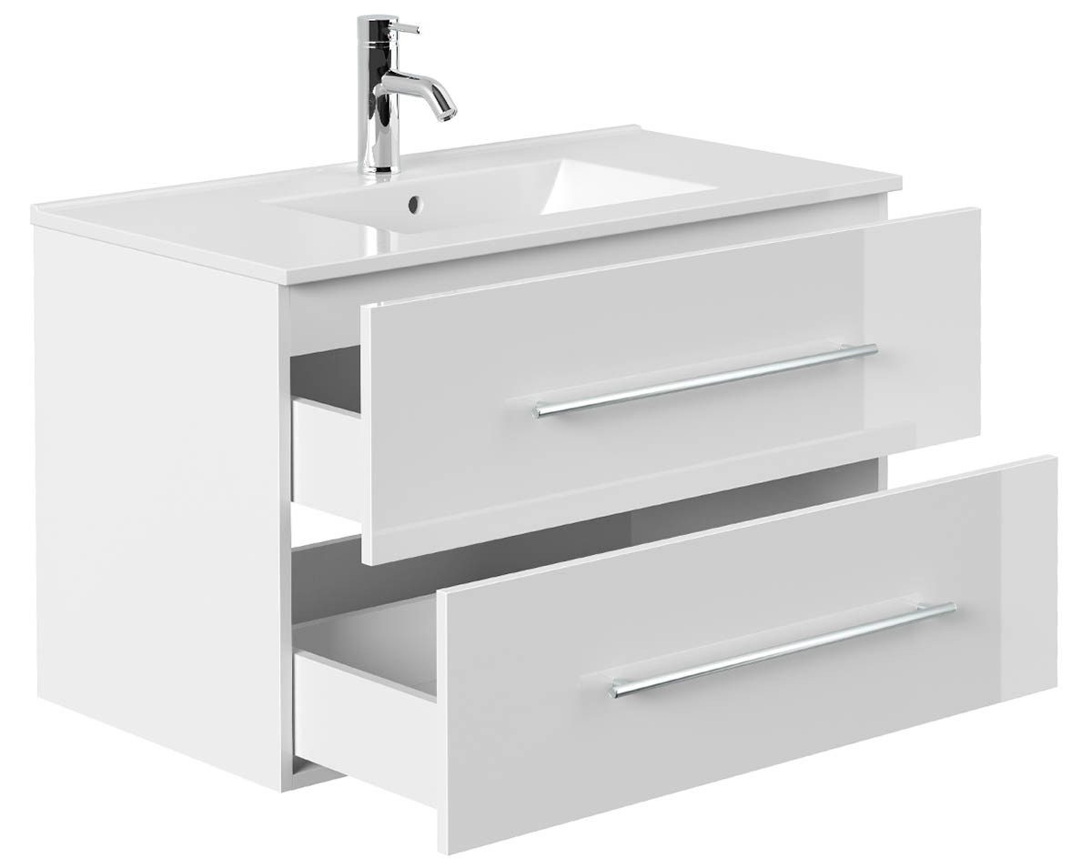 einfachgutemoebel Waschtisch-Set Waschplatz KUBOA 90cm, Keramikbecken, weiß hochglanz, (Badmöbel Set, 1-St., Waschtisch Set)