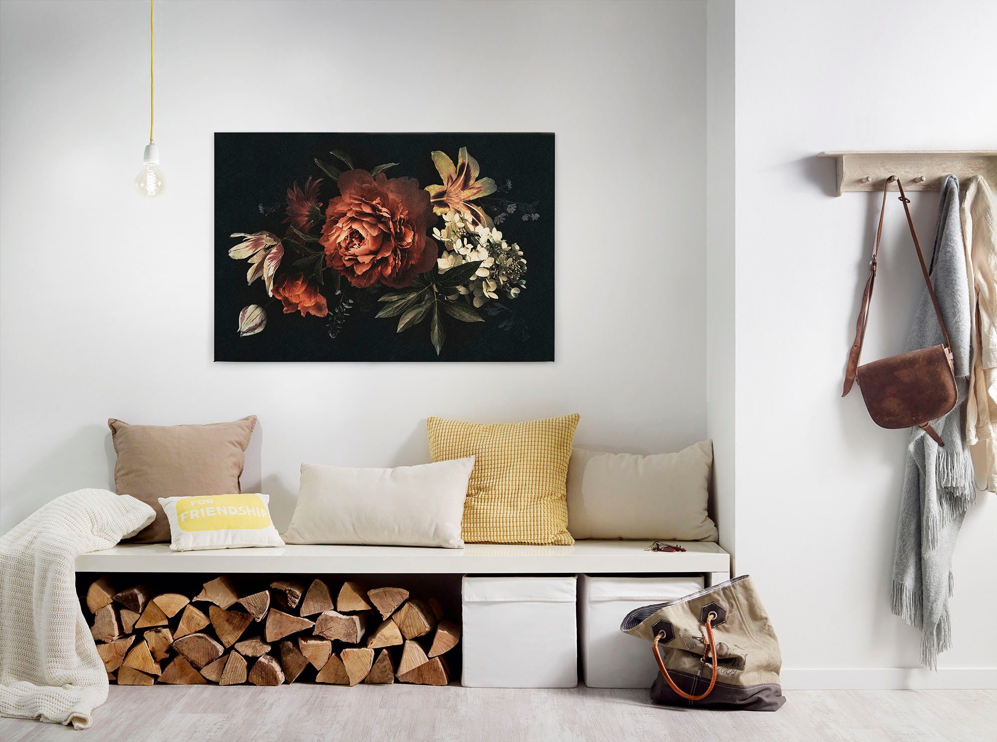 (1 schwarz, St), drama Blumen beige Leinwandbild Blumen rot, Bild A.S. Keilrahmen Création queen, Floral