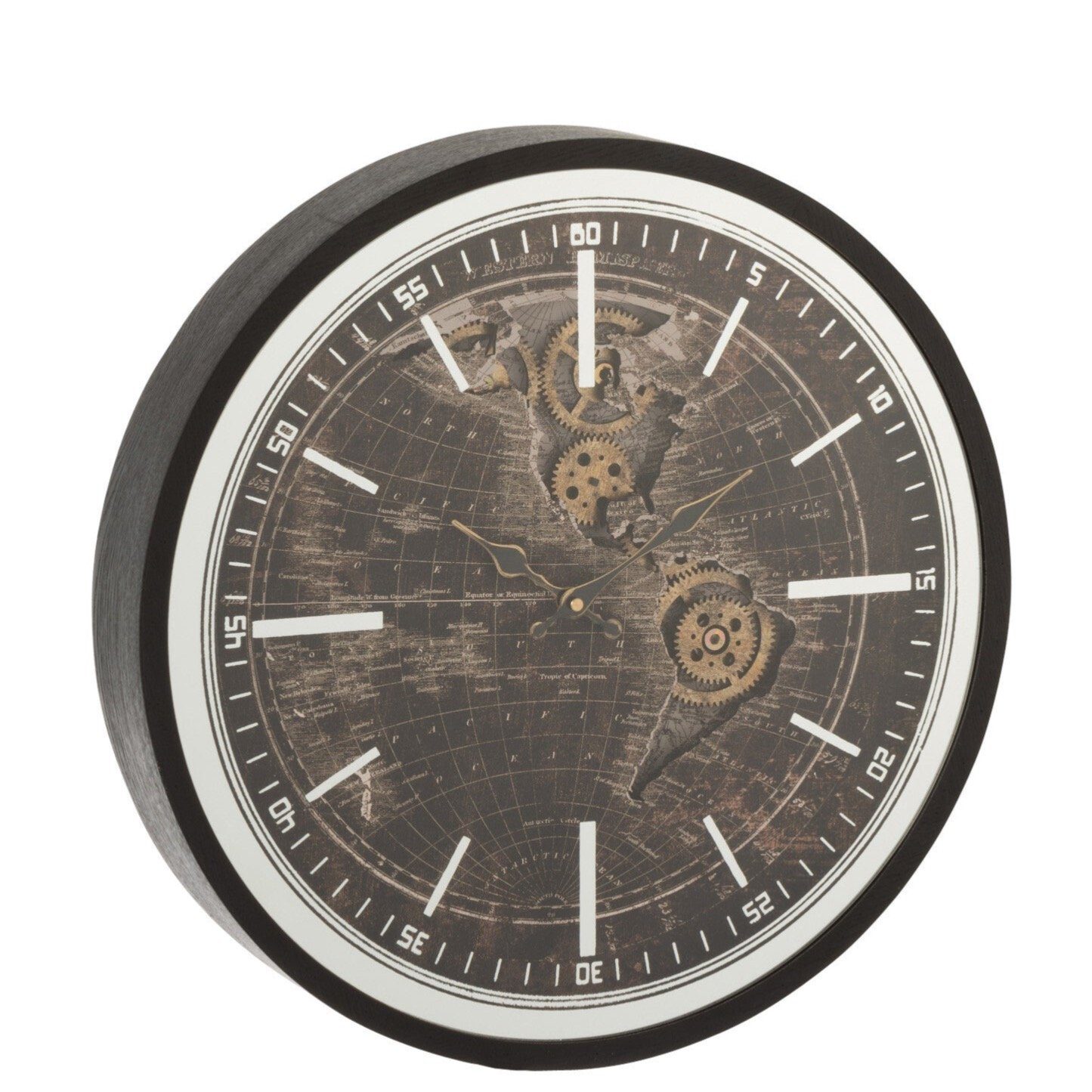 Wanduhr Weltkarte Wanduhr Antikgold & Schwarz mit Zahnrädern