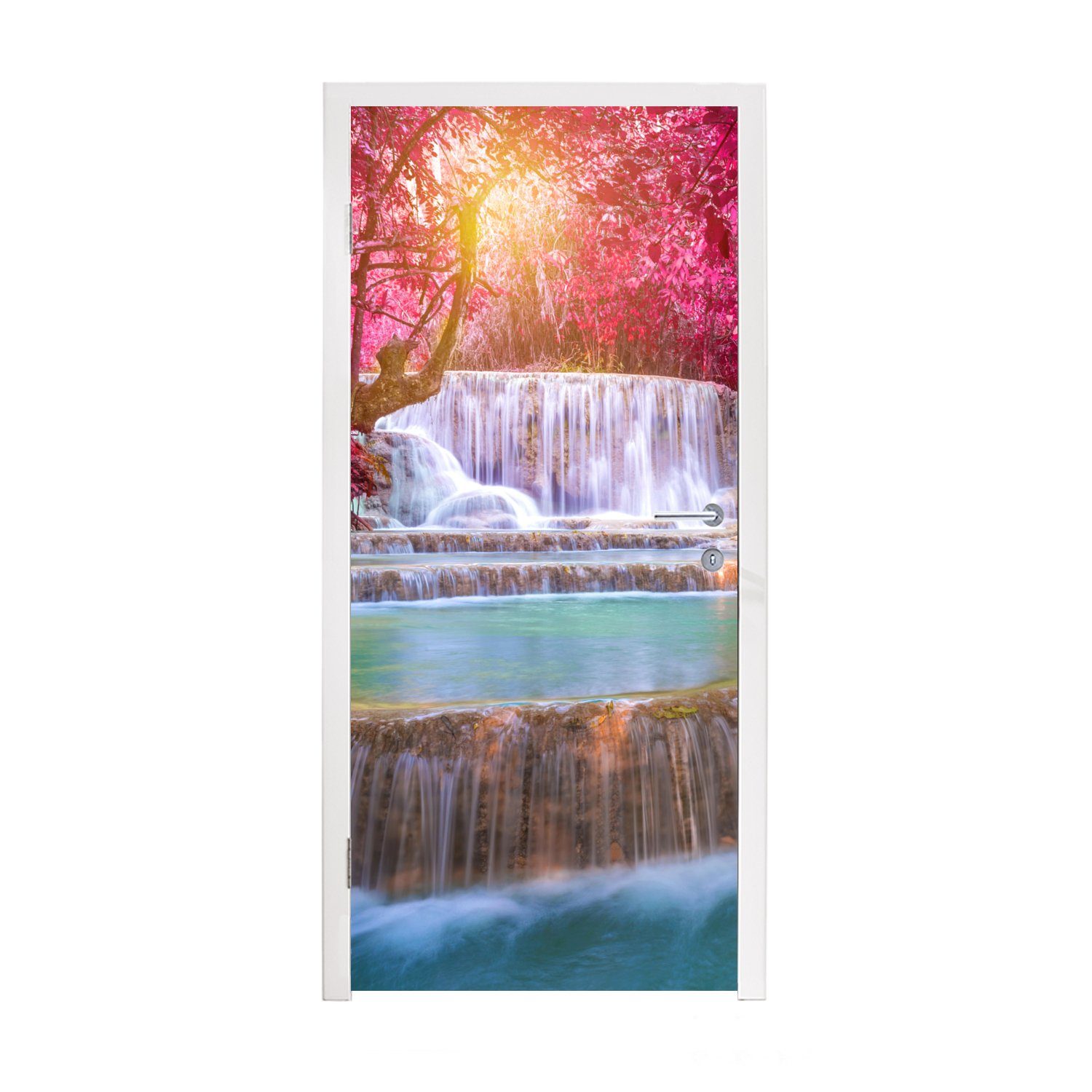 MuchoWow Türtapete Wasserfall - Regenbogen - Bäume - Rosa - Natur, Matt, bedruckt, (1 St), Fototapete für Tür, Türaufkleber, 75x205 cm