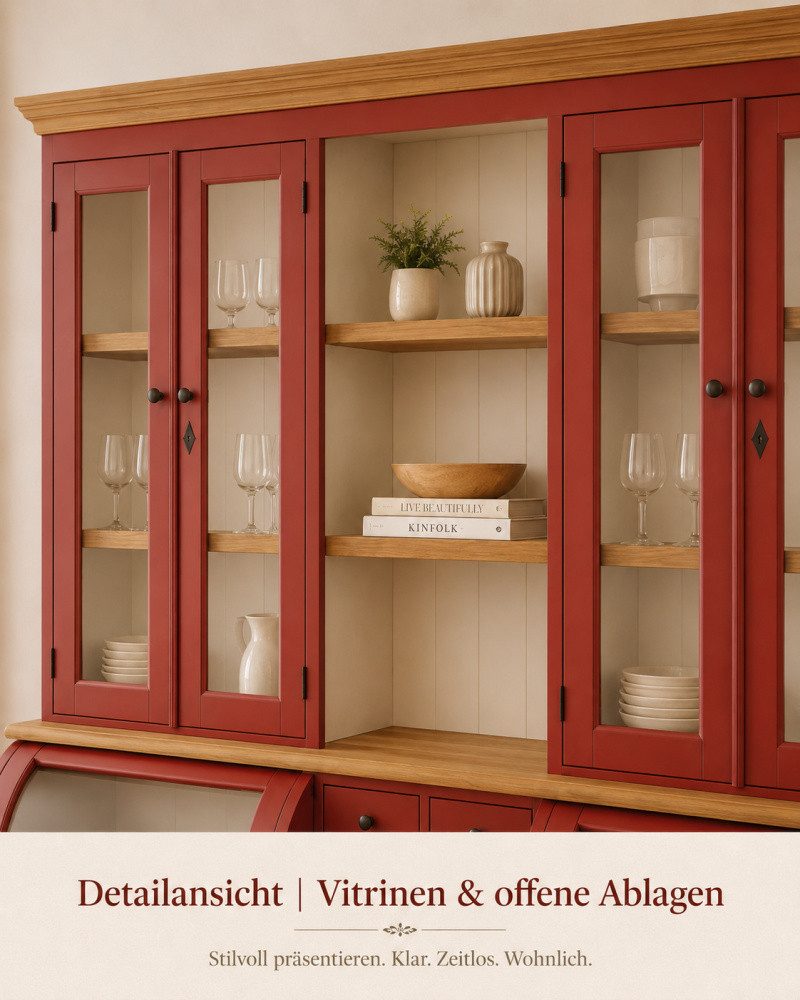 Wohnpalast Buffet Landhaus Buffet Schrank Berlin 200 cm Rot mit Eiche- Landhaus Möbel