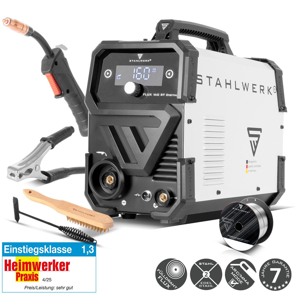 STAHLWERK Fülldrahtschweißgerät FLUX 160 ST Digital Fülldraht Schweißgerät 160A FLUX MMA TIG, 40 - 160 A, Packung, 1-tlg., Einzelgerät, synergischem Drahtvorschub
