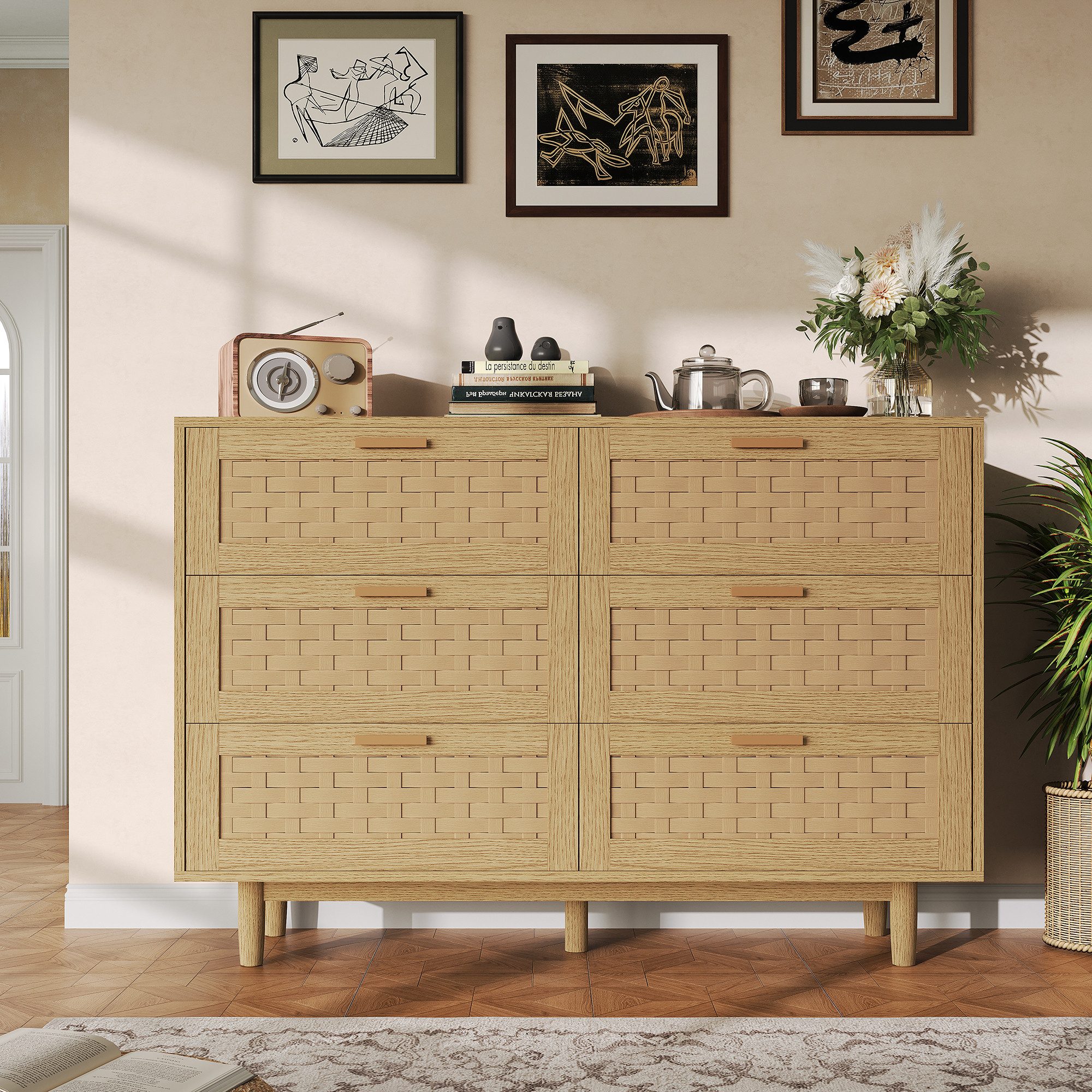 Simurq Kommode mit 6 Schubladen, Stauraumschrank für Wohnzimmer, Esszimmer, Flur (Schubkastenkommode,Sideboard Rattan geflecht,Massivholzbeine), 115 x 40 x 80 cm