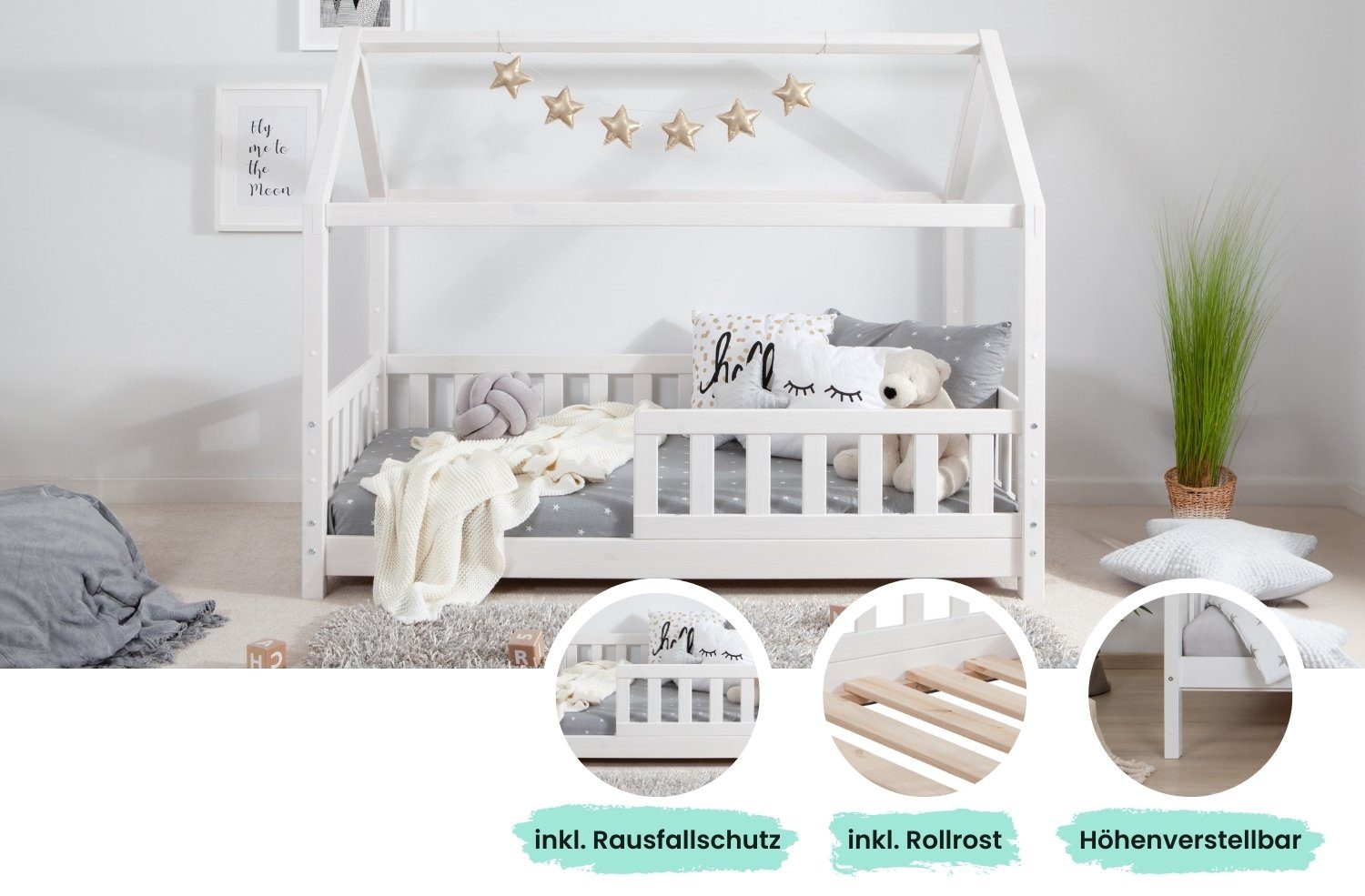 Ticaa Hausbett Kay mit Rausfallschutz aus Kiefer, Kinderbett 80x160, inkl. Dach, mit Rollrost, mit Matratze