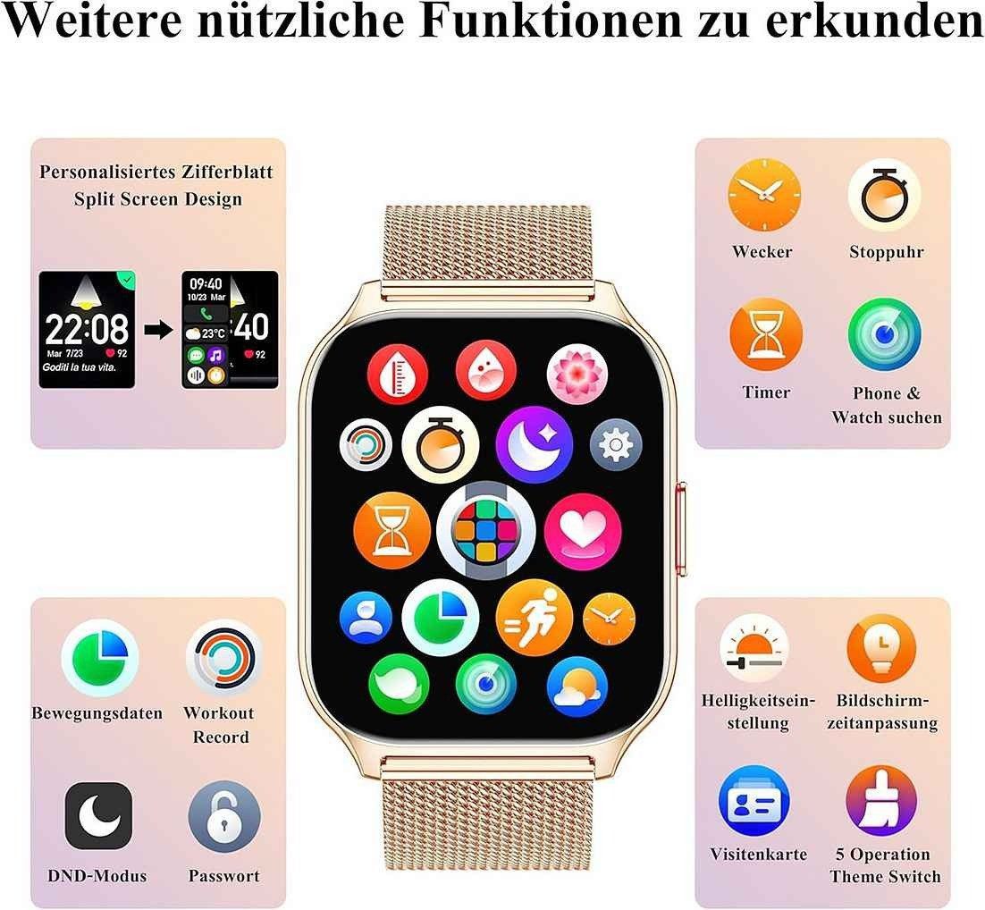 Zevelora Damen's und Herren's Fitness-Tracker Blutdruckmess Smartwatch (1,85 Zoll, Android/iOS), mit austauschbarem weichem Silikonarmband, mit SpO2 Herzfrequenz Schrittzähler Schlafmonitor, Musikwiedergabe