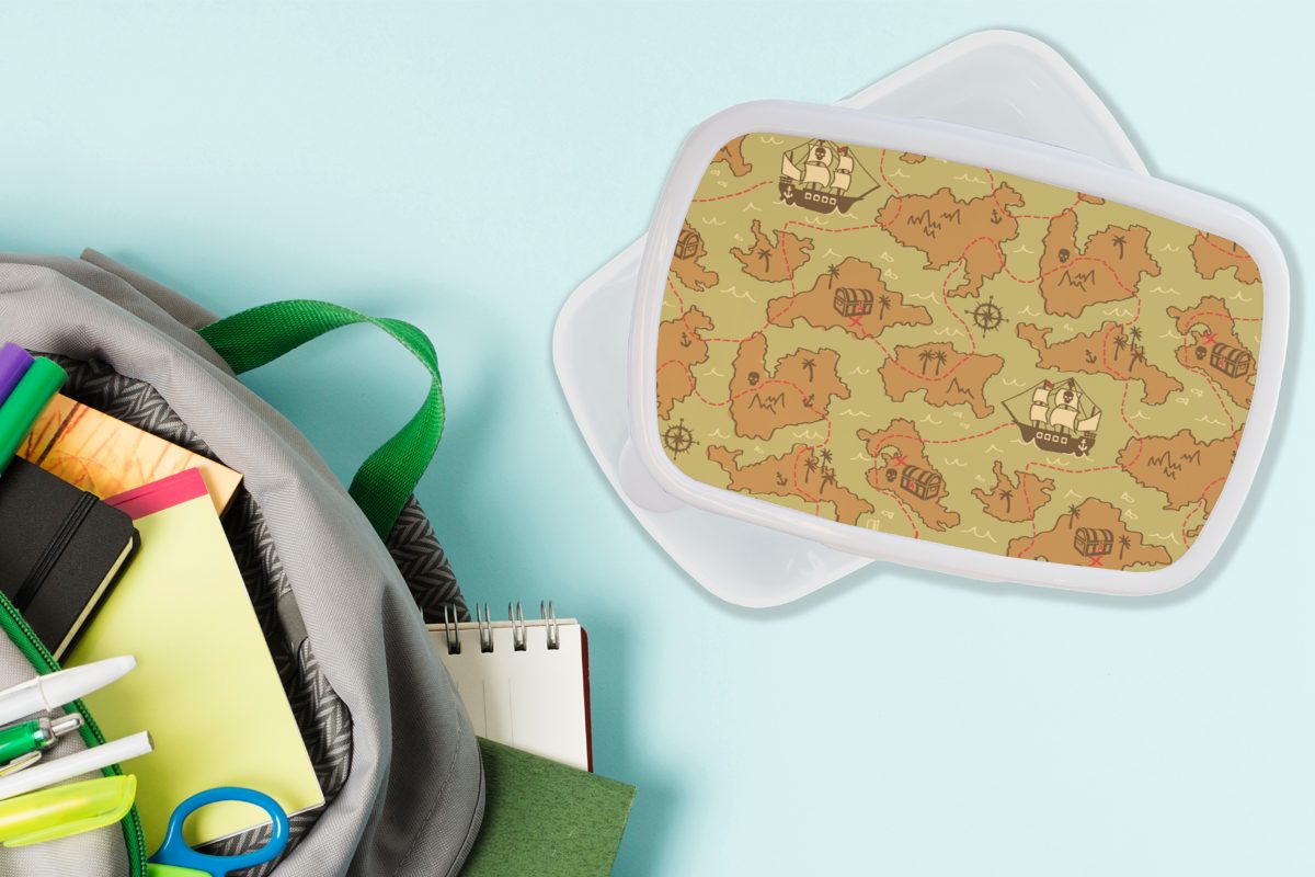 MuchoWow Lunchbox Schatzkarte - Piraten Brotbox Brotdose, Kinder, Erwachsene, und - für Muster Jungs Kinder - und (2-tlg), Mädchen für Kunststoff, weiß