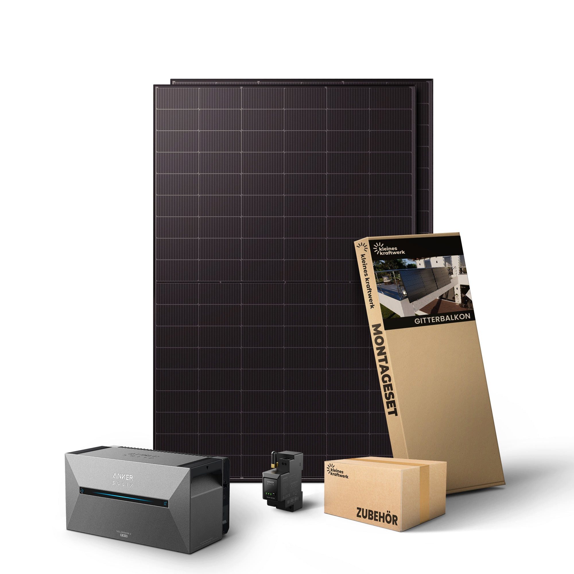 Kleines Kraftwerk Balkonkraftwerk, 1000 W, Monokristallin, (Gitterbalkon, Solaranlage Komplettset mit Speicher), 2 x 500W, Anker Solarbank 2 Pro, Wechselrichter