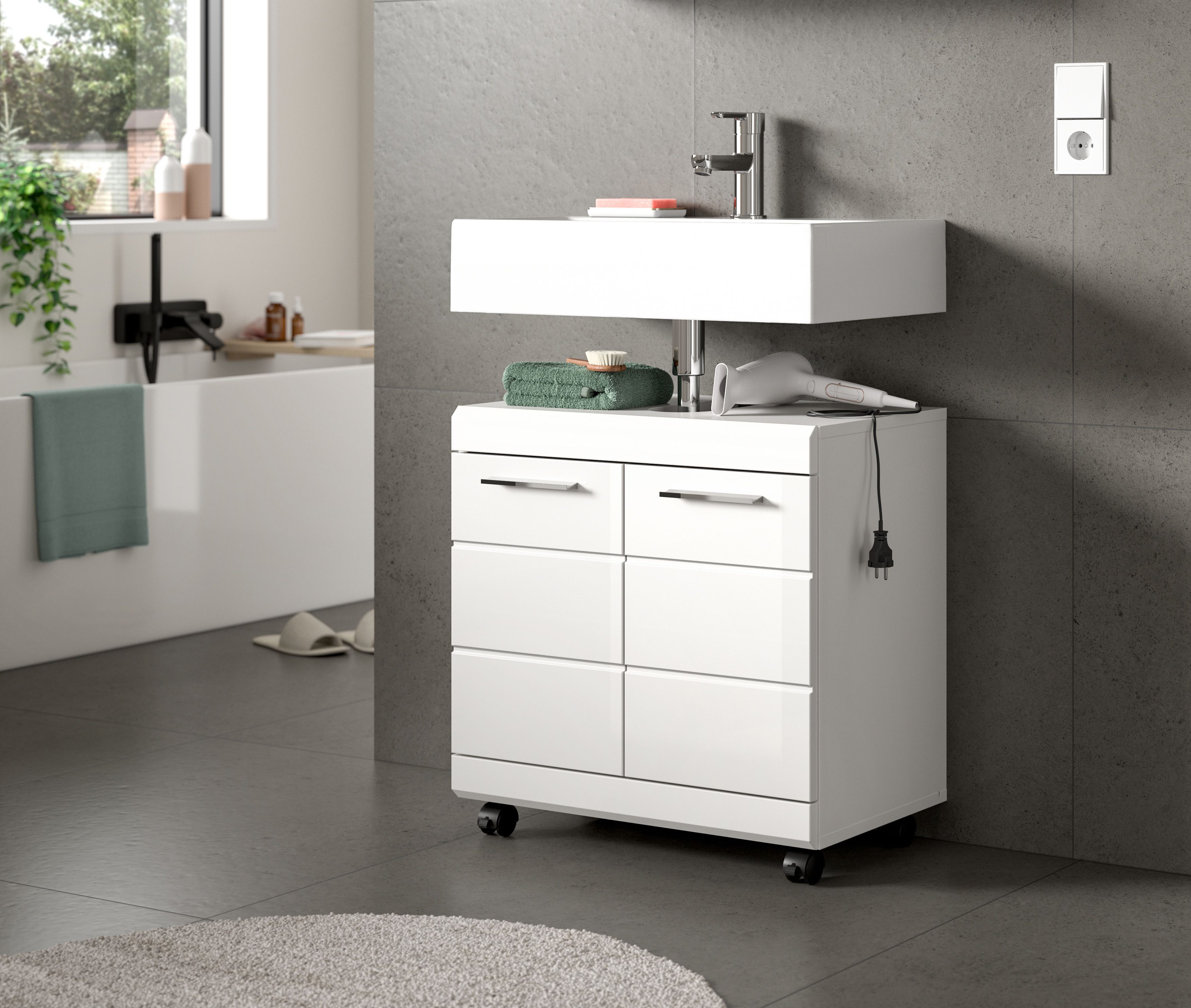 welltime Waschbeckenunterschrank SIENA, Breite 60cm, 2 Türen, auf Rollen, MDF-Front (TOPSELLER!, mit Siphonausschnitt 10x25 cm) in verschiedenen Farben erhältli – Bild 2 von 5