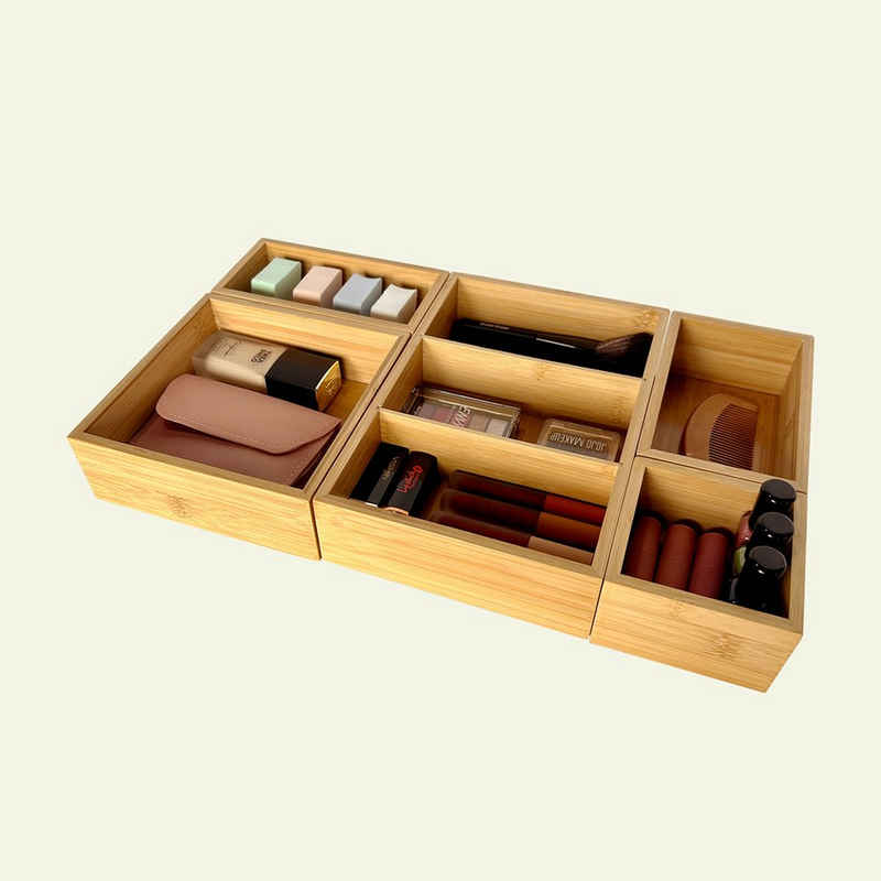 WAOHO Holzkiste Schubladen-Organizer aus Bambus, herausnehmbares Regal, 5er-Set (Kompletter Satz)