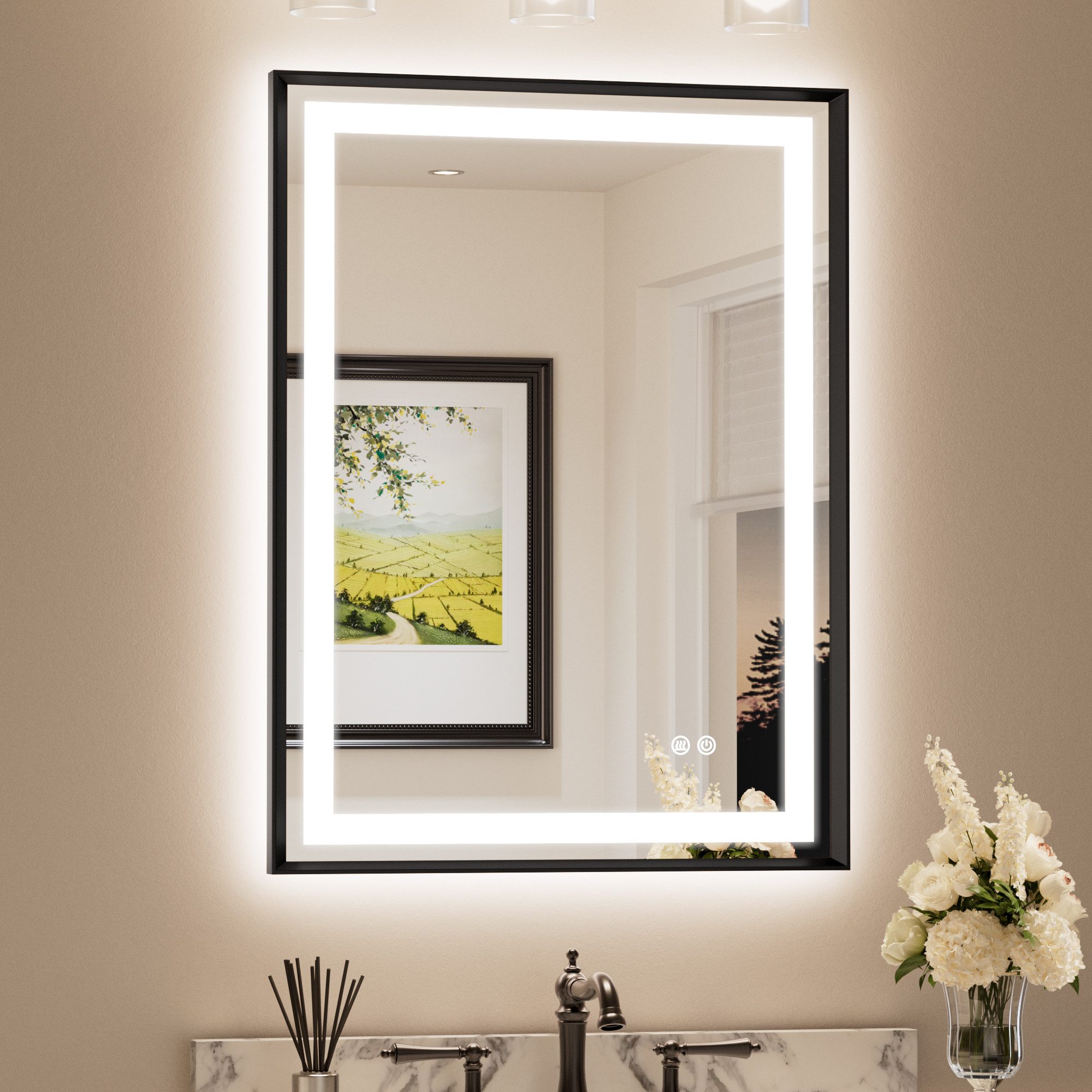Keonjinn Badspiegel Badezimmerspiegel mit Beleuchtung Front- & Backlight Wandspiegel (Montage quer & hoch), 3 Lichtfarben, Dimmbar, Beschlagfrei, IP44, Memory Funktion