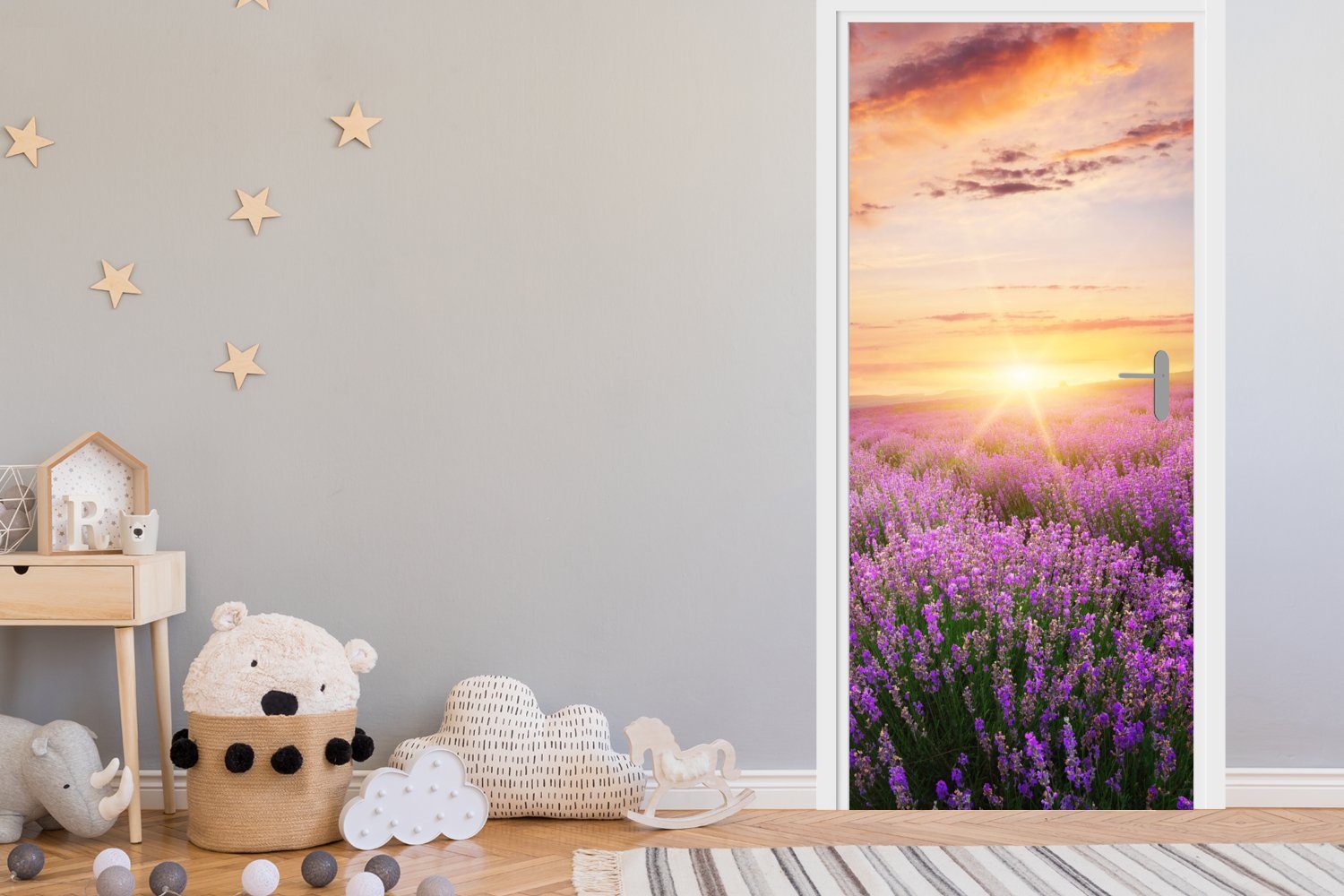 Türtapete - für 75x205 Blumen, Lavendel bedruckt, (1 Türaufkleber, - MuchoWow Fototapete Sonne cm Tür, Matt, St),