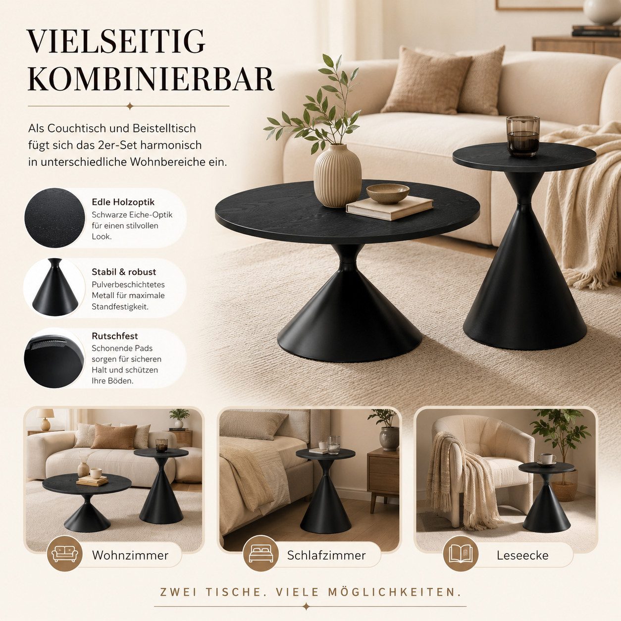 i@home Couchtisch Sanduhr-Serie 2er-Set Beistelltisch rund Carbonstahl-Untergestell (Packung Set, 2 Tisch), markanter Konusform,platzsparend stapelbar – Bild 2 von 5