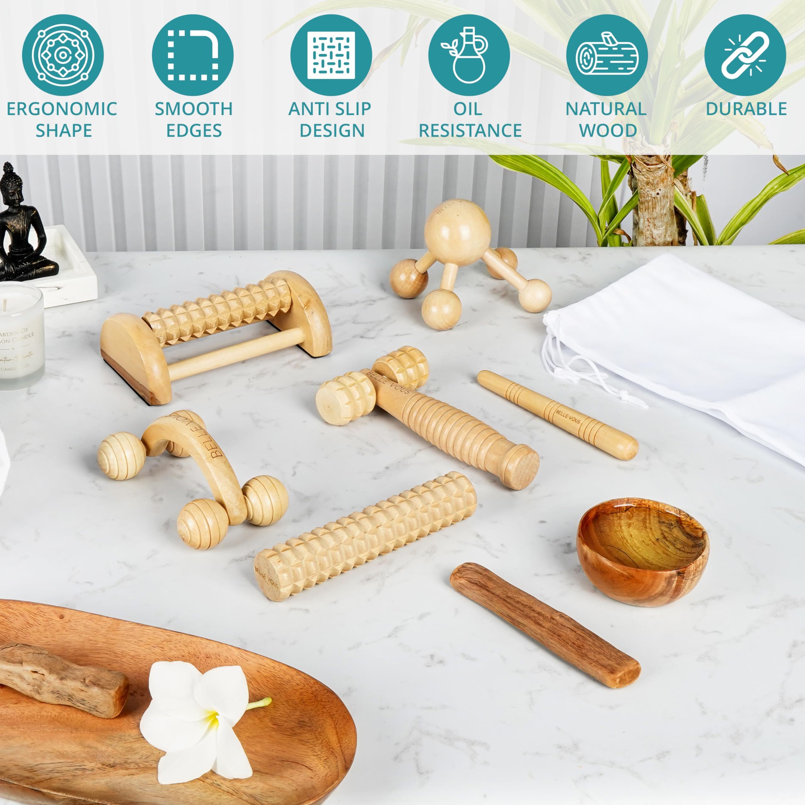 Belle Vous Fußmassagegerät Belle Vous Massage Set 6-in-1, Holzgeräte mit Baumwolltasche, 6-tlg.