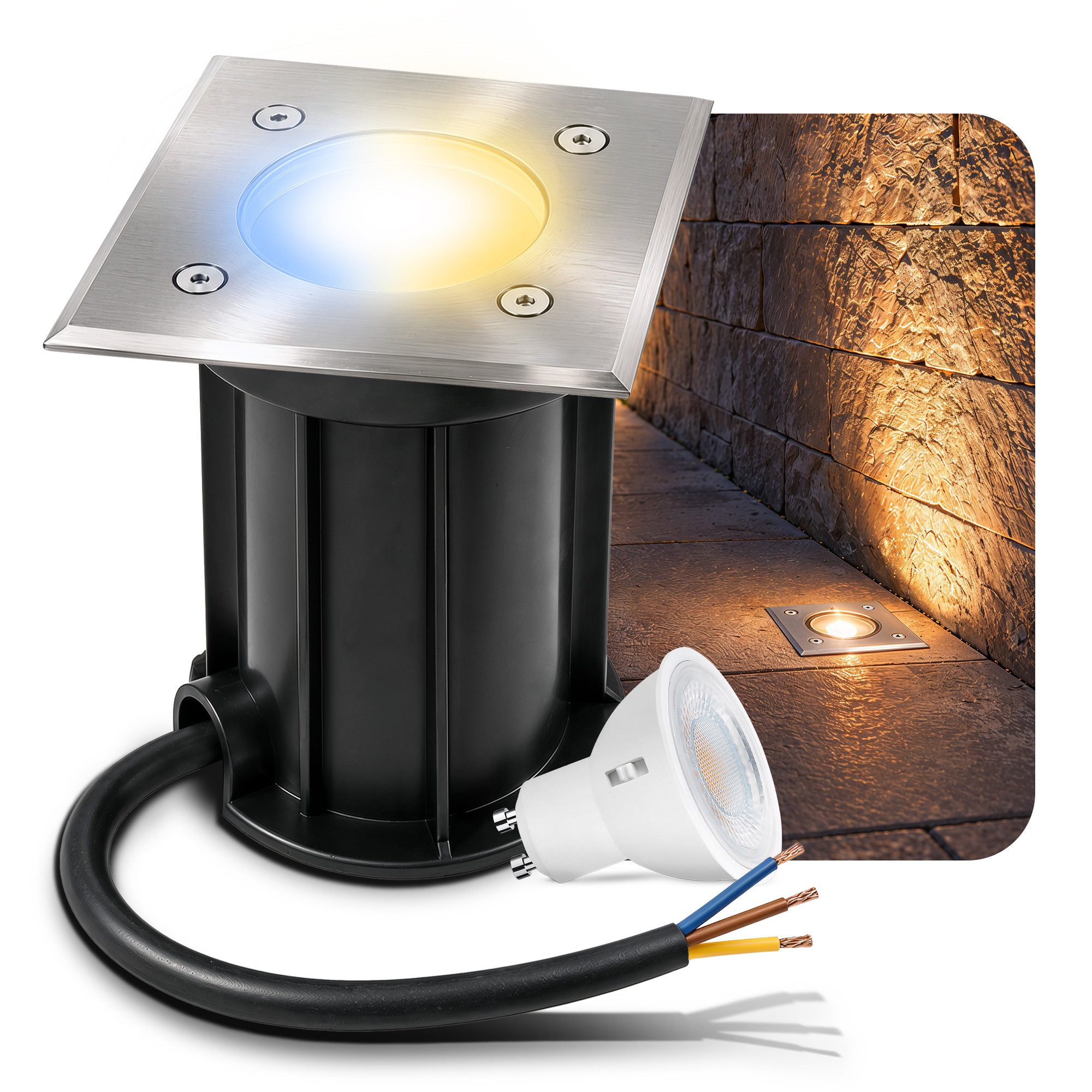 linovum LED Gartenstrahler Bodeneinbauleuchte BOQU inkl. LumiFLEX LED GU10 6W drei Lichtfarben, Tageslichtweiß, Warmweiß, Neutralweiß