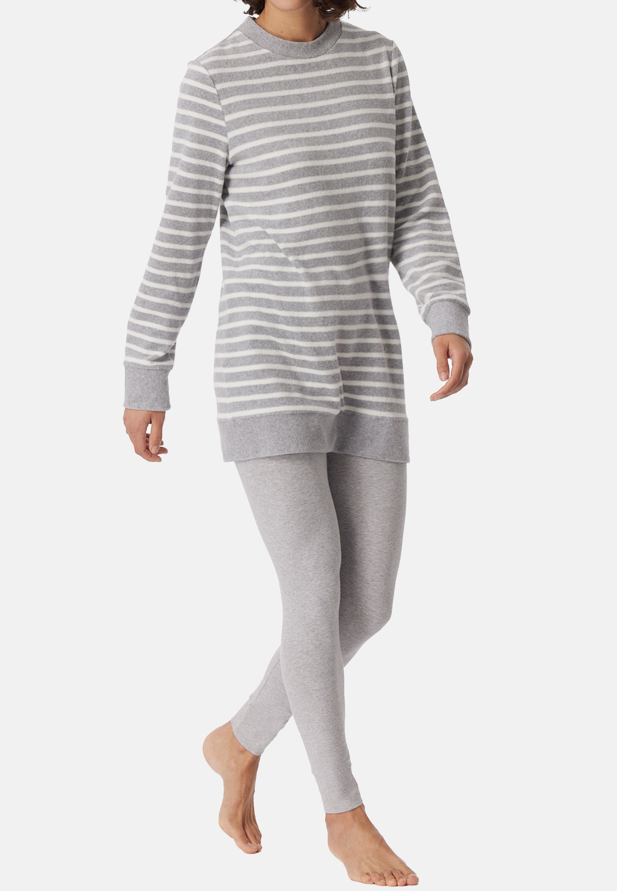 Essentials Schiesser Passform Grau Casual - 2 (Set, längerer Baumwolle Schlafanzug tlg) Langarmshirt - Pyjama Melange mit