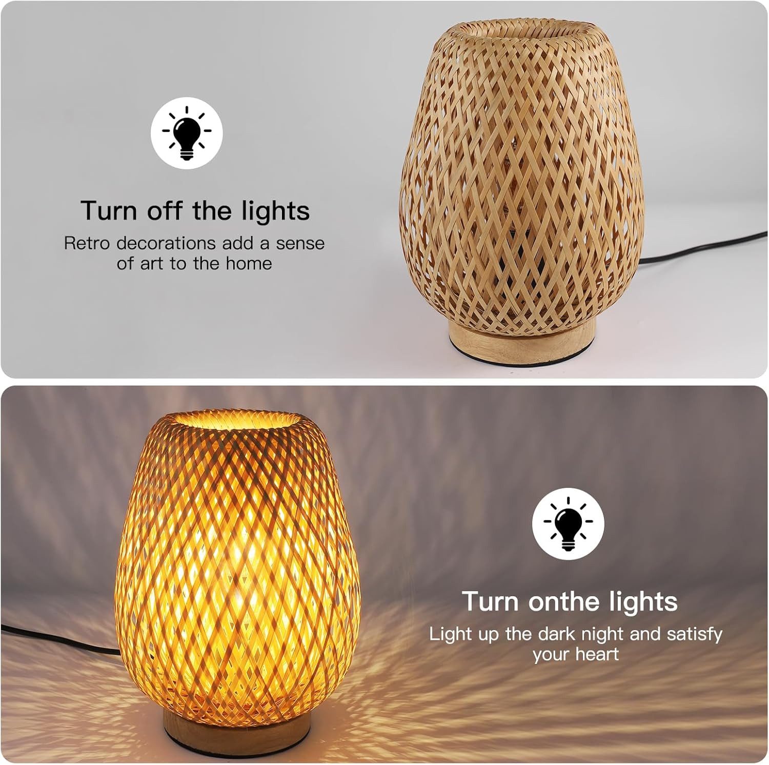 Riserva Schreibtischlampe Tischlampe Rattan Holz E27 Nachttischlampe mit Schalter