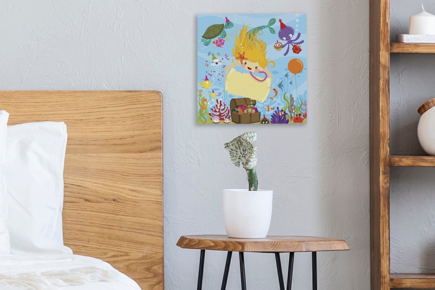 Leinwandbild einer OneMillionCanvasses® Bilder Schlafzimmer St), mit einer Wohnzimmer Schatztruhe, Leinwand Illustration (1 Meerjungfrau für