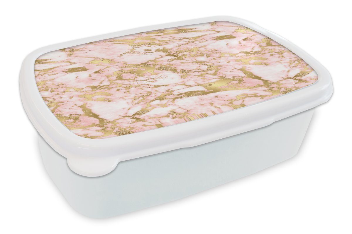 MuchoWow Lunchbox Marmor - Gold - Rosa - Muster, Kunststoff, (2-tlg), Brotbox für Kinder und Erwachsene, Brotdose, für Jungs und Mädchen weiß