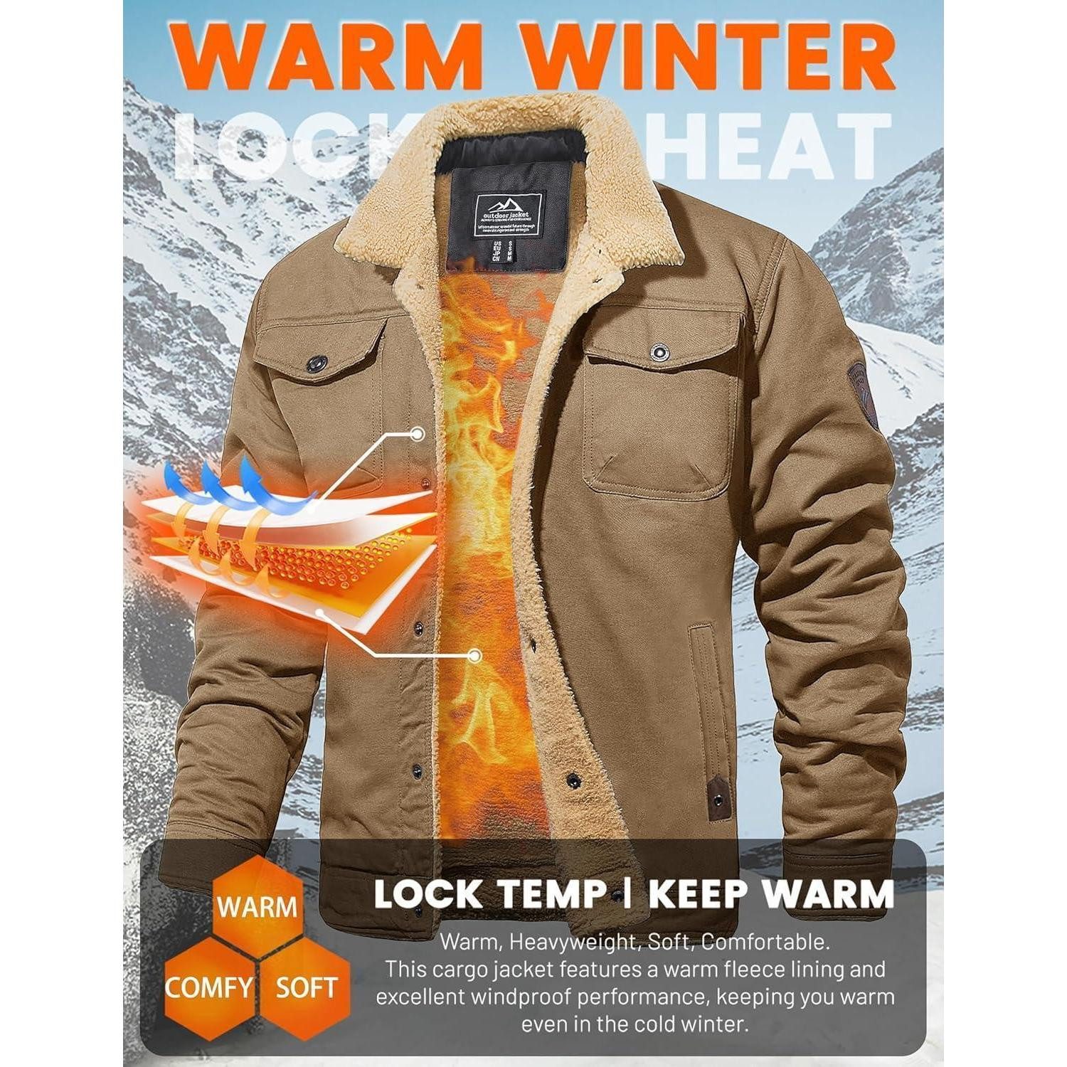 LuxusKollektion Winterjacke Winterjacke Herren Fleece Cargo Militär Stehkragen Taschen M Khaki – Bild 2 von 5