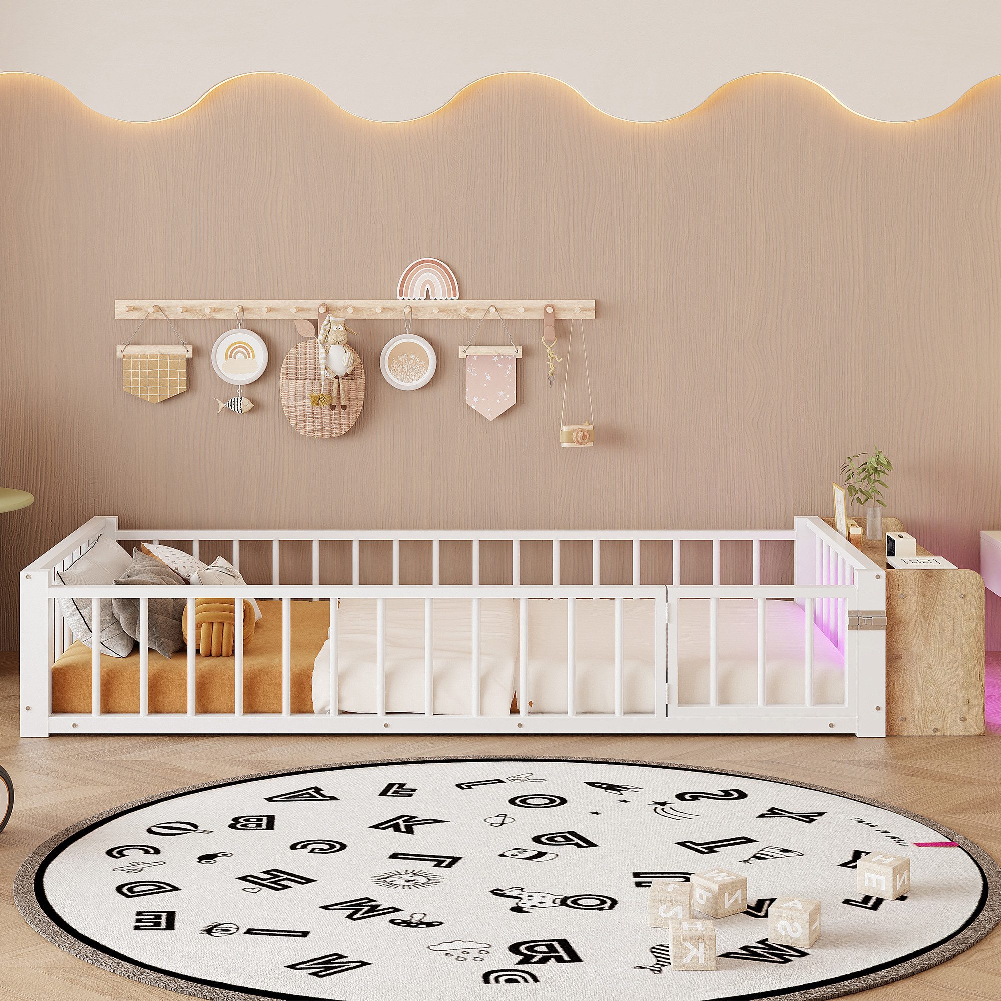 Flieks Kinderbett, Bodenbett Metallbett 90x200cm mit Schutzgeländer und LED-Staufach