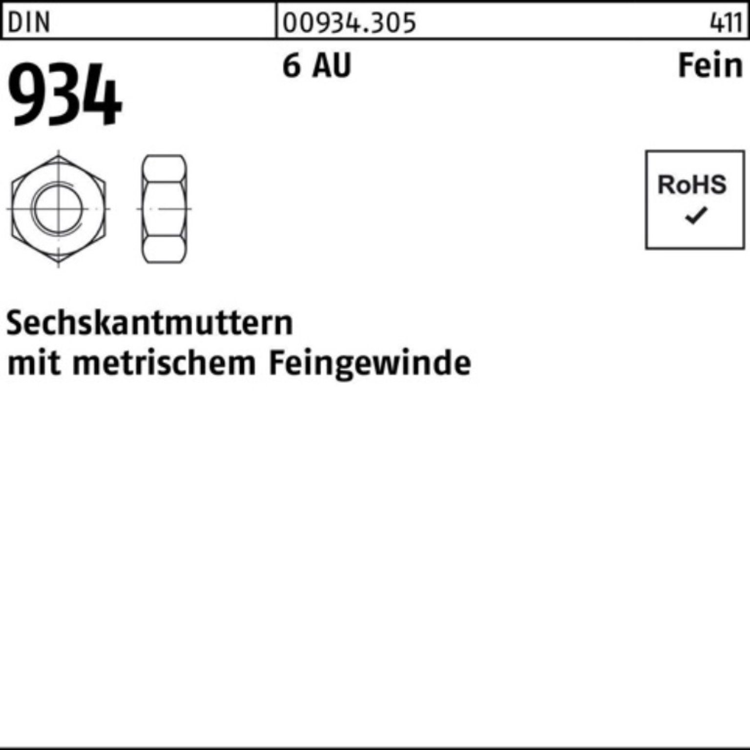 6 DIN 4 Muttern Pack Reyher M100x 934 100er Sechskantmutter D Automatenstahl Stück 1