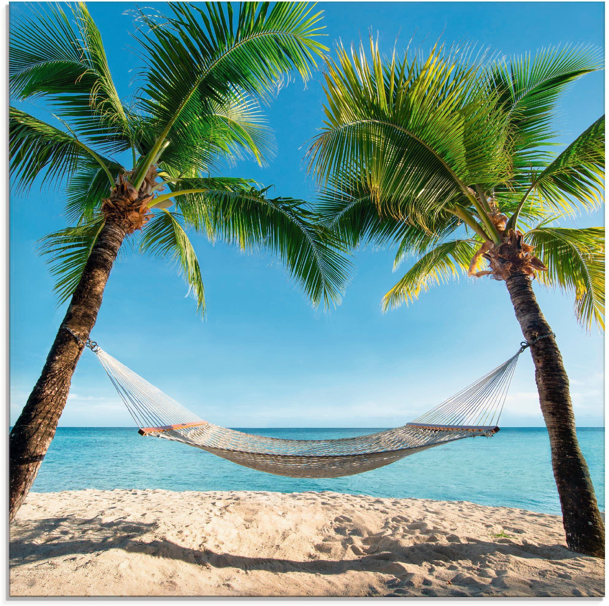 Artland Glasbild Palmenstrand Karibik mit Hängematte, Amerika (1 St), in verschiedenen Größen