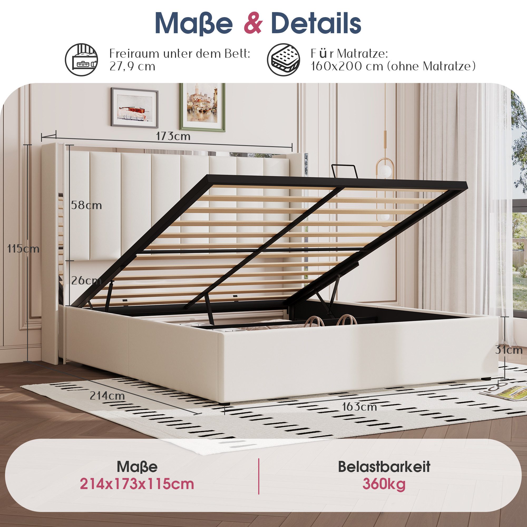 AMERLIFE Polsterbett Hydraulisches Stauraumbett, 115 cm Wingback-Kopfteil aus Samt (Ohne Matratze), Luxuriöses Samtpolsterbett Jugendbett Doppelbett, 160x200cm