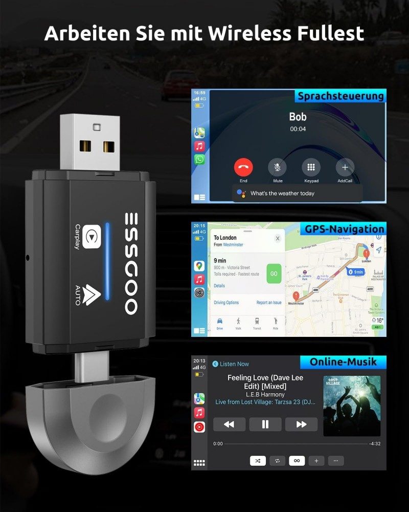 ESSGOO 2-in-1 CarPlay Android Auto Adapter USB Plug & Play für iPhone Android Adapter Type-C, USB zu Type-C, USB, Dashcam DVR Bluetooth Touchscreen USB WIFI Mirror Link Autoradio