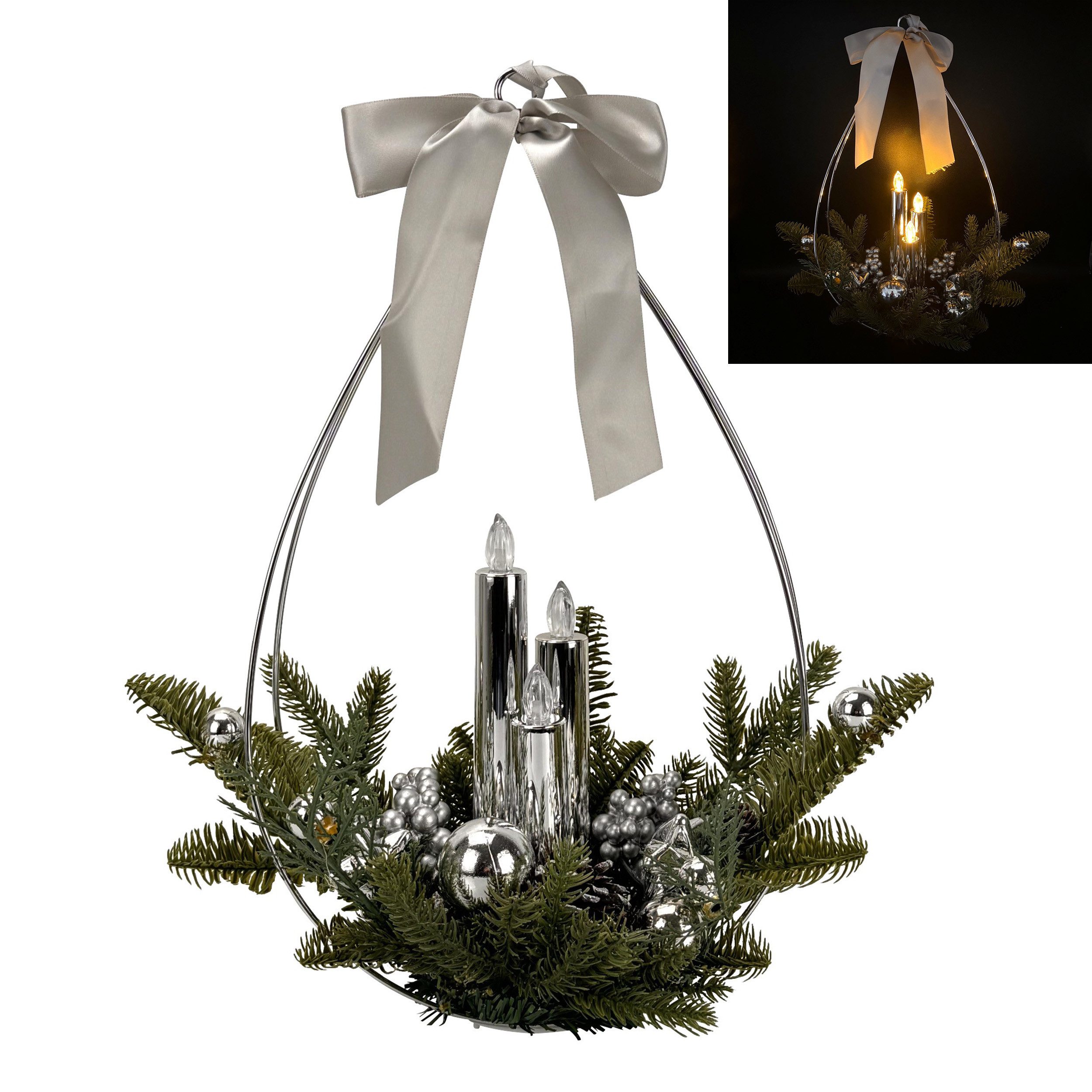 Online-Fuchs Dekokranz - Weihnachtsgesteck mit 3 LED-Stabkerzen & Timer - Deko Weihnachten, festliche Weihnachtsdeko aus Tannenzweigen und Weihnachtskugeln