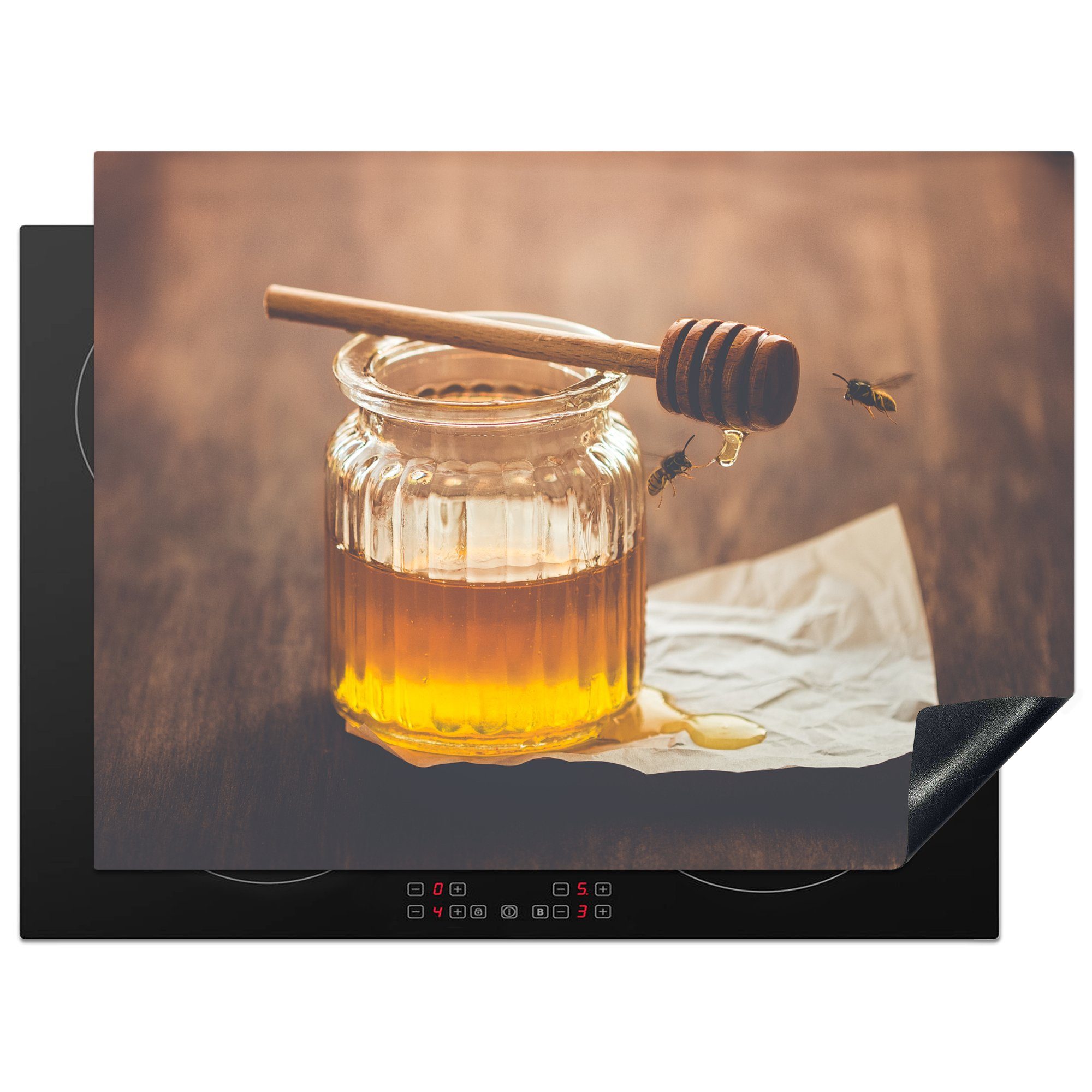 MuchoWow Herdblende-/Abdeckplatte Honig mit herumfliegenden Bienen, Vinyl, (1 tlg), 70x52 cm, Mobile Arbeitsfläche nutzbar, Ceranfeldabdeckung