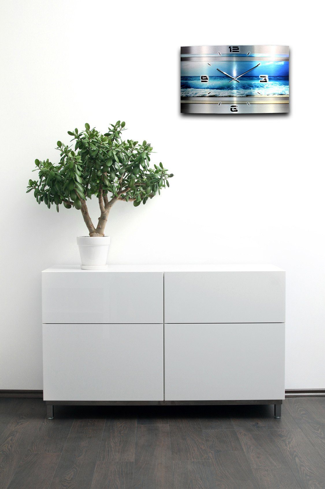 Kreative Feder Funkwanduhr 3D Design-Wanduhr „Blue Ocean“ aus gebürstetem Aluminium (3D-Wölbung; flüsterleises Funkuhrwerk; außergewöhnlich, modern)