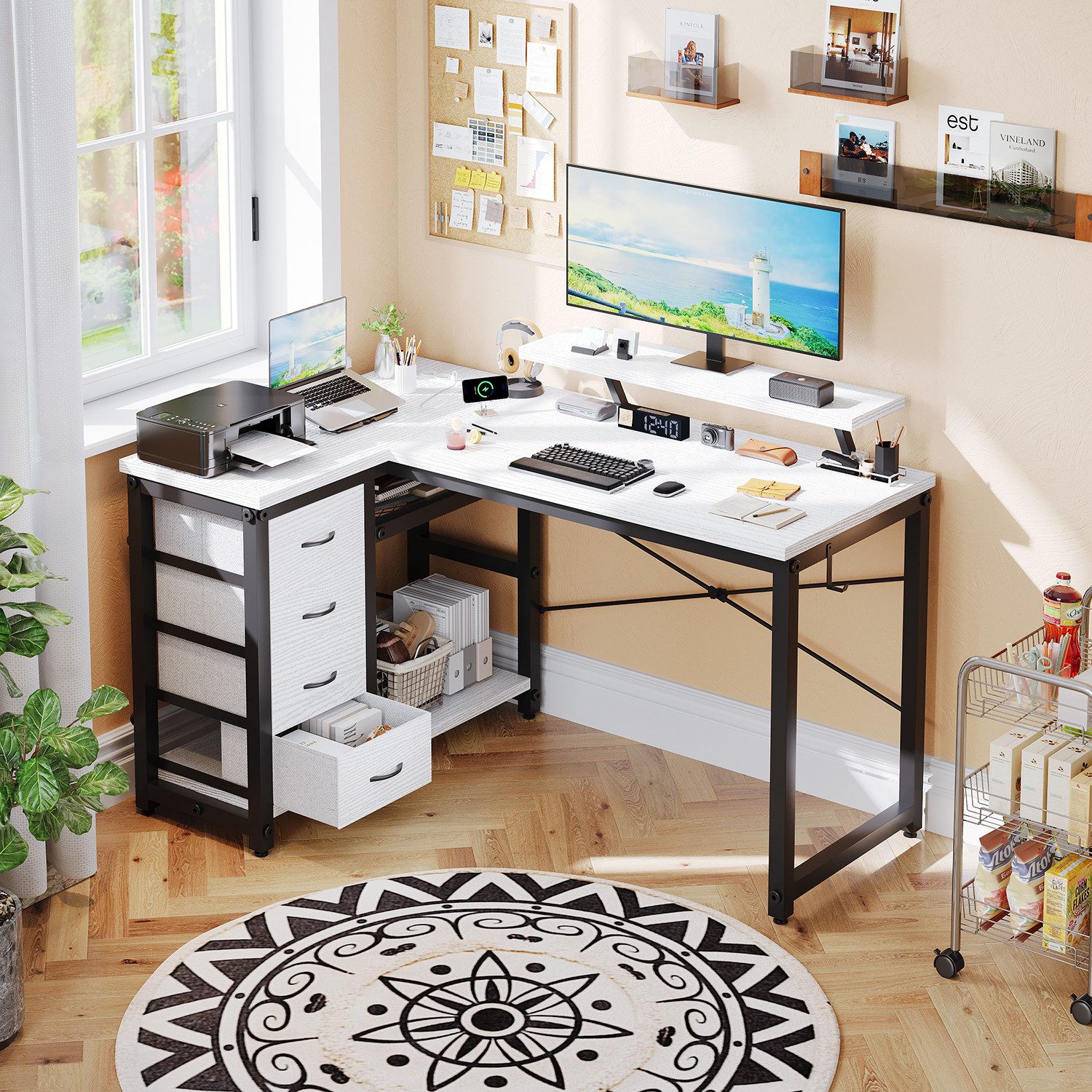 HOMALL Eckschreibtisch 140/160 cm Schreibtisch mit Schubladen, Monitorhalte günstig online kaufen