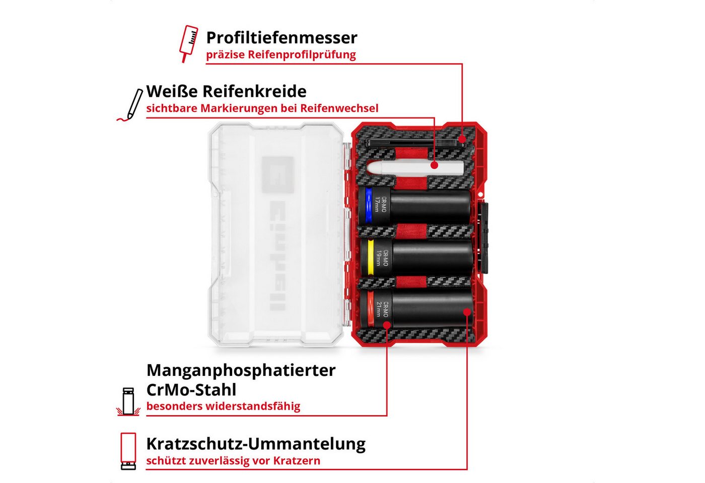 Thumbnail - Einhell Bohrer- und Bit-Set, (3x 80-mm-Stecknüsse (17 / 19 / 21 mm, manganphosphatierter CrMo-Stahl, Kunststoffhülse), 1...