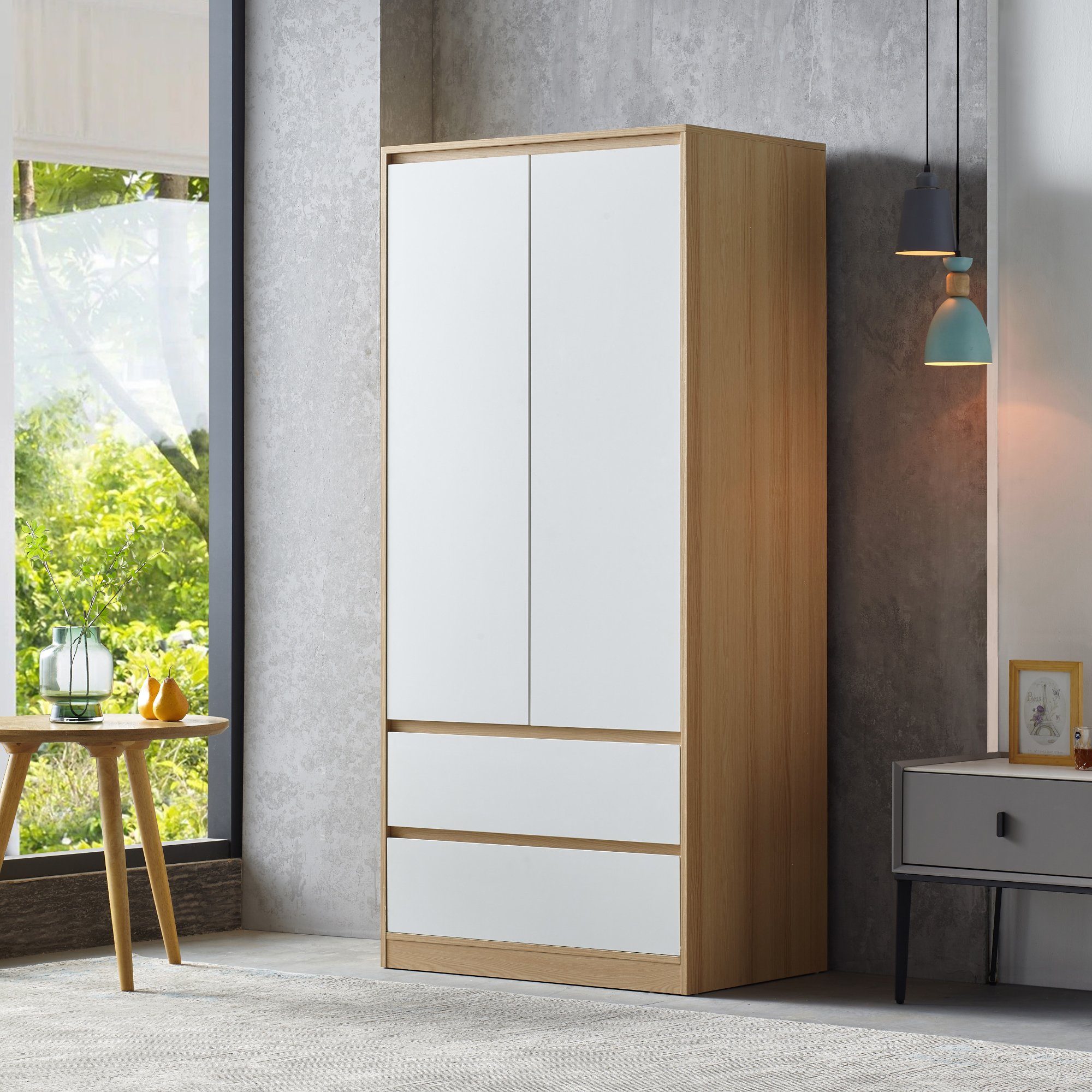 en.casa Kleiderschrank »Bastheim« 2 Türen, 1 Stange, 2 Schubladen 176x80x52 cm Eiche / Weiß