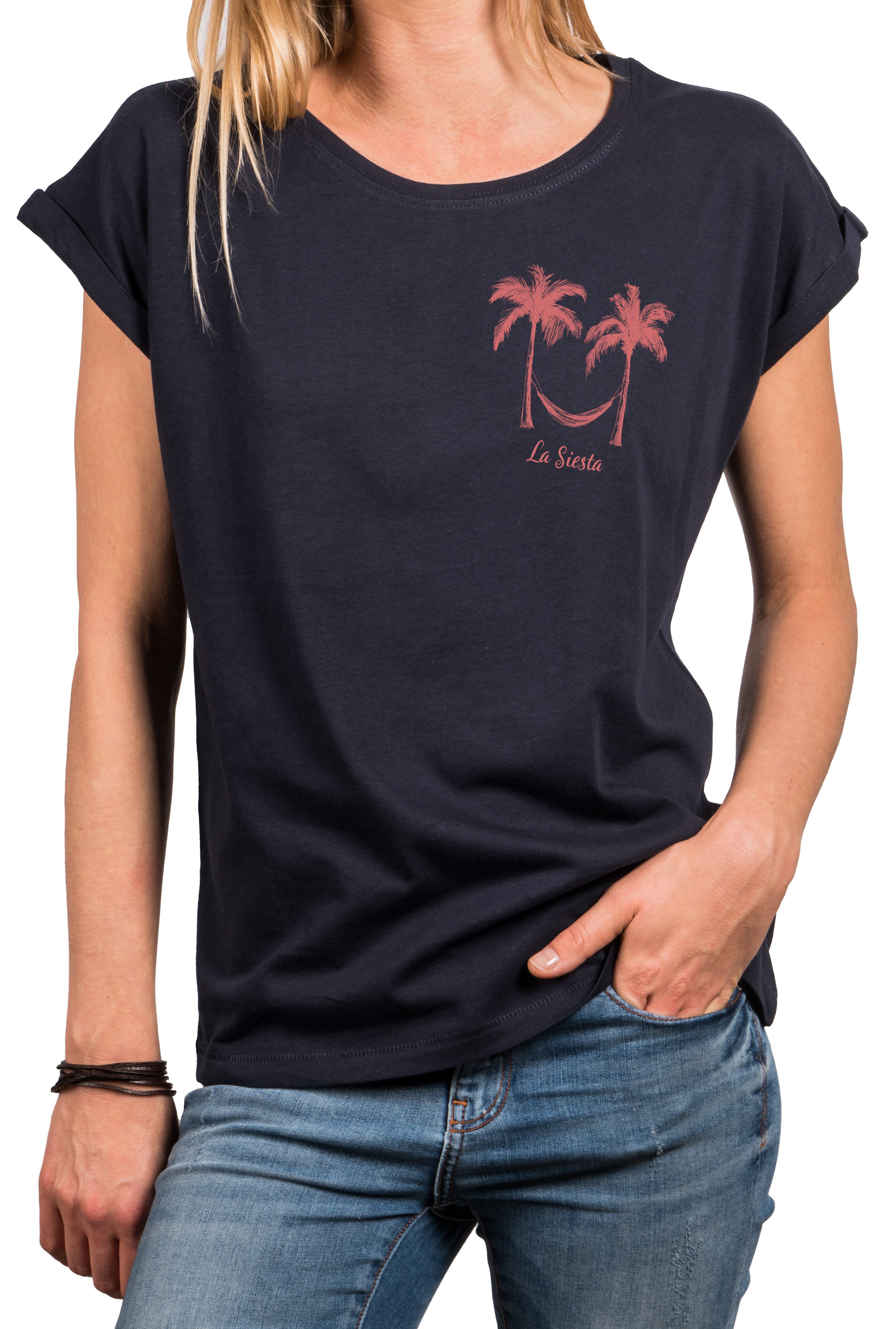 MAKAYA T-Shirt Sommerliches Damen-Top im Boho-Stil mit Palmen und Hängematte (Schwarz, Blau, Grau, Weiß, Rosa, XS, S, M, L, XL, XXL, 3XL, 4XL, 5XL) Baumwolle