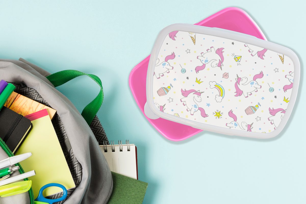 (2-tlg), Brotdose Lunchbox MuchoWow Kunststoff, Snackbox, Erwachsene, Kunststoff Kinder, Einhorn Regenbogen - rosa Muster, Mädchen, Brotbox für -