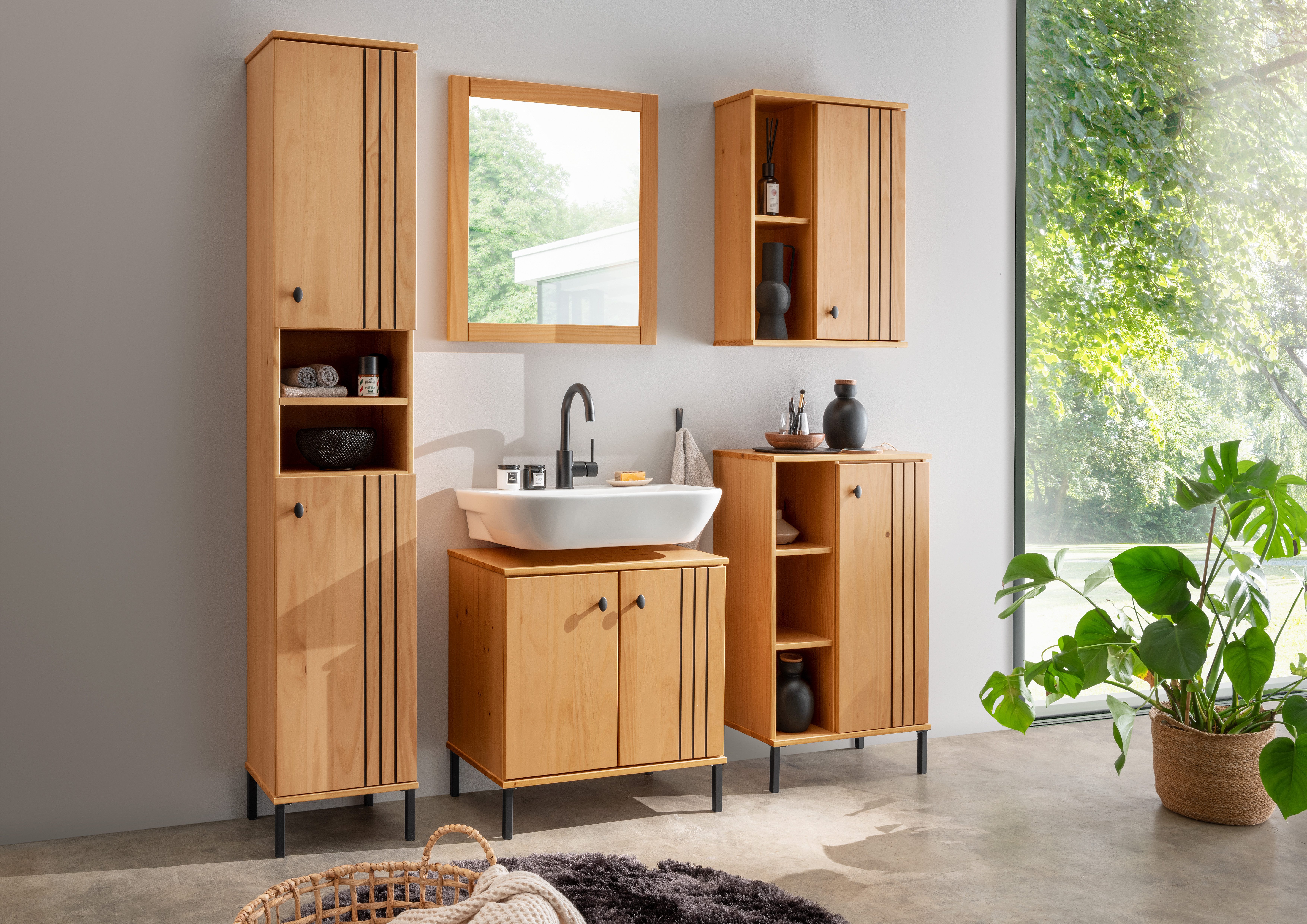 Woodroom Badmöbel-Set Sevilla, (Komplett-Set, 5-St., Kiefer massiv eichefarbig lackiert mit schwarzen Akzenten), Bad, Badmöbel, Badezimmer Мебель