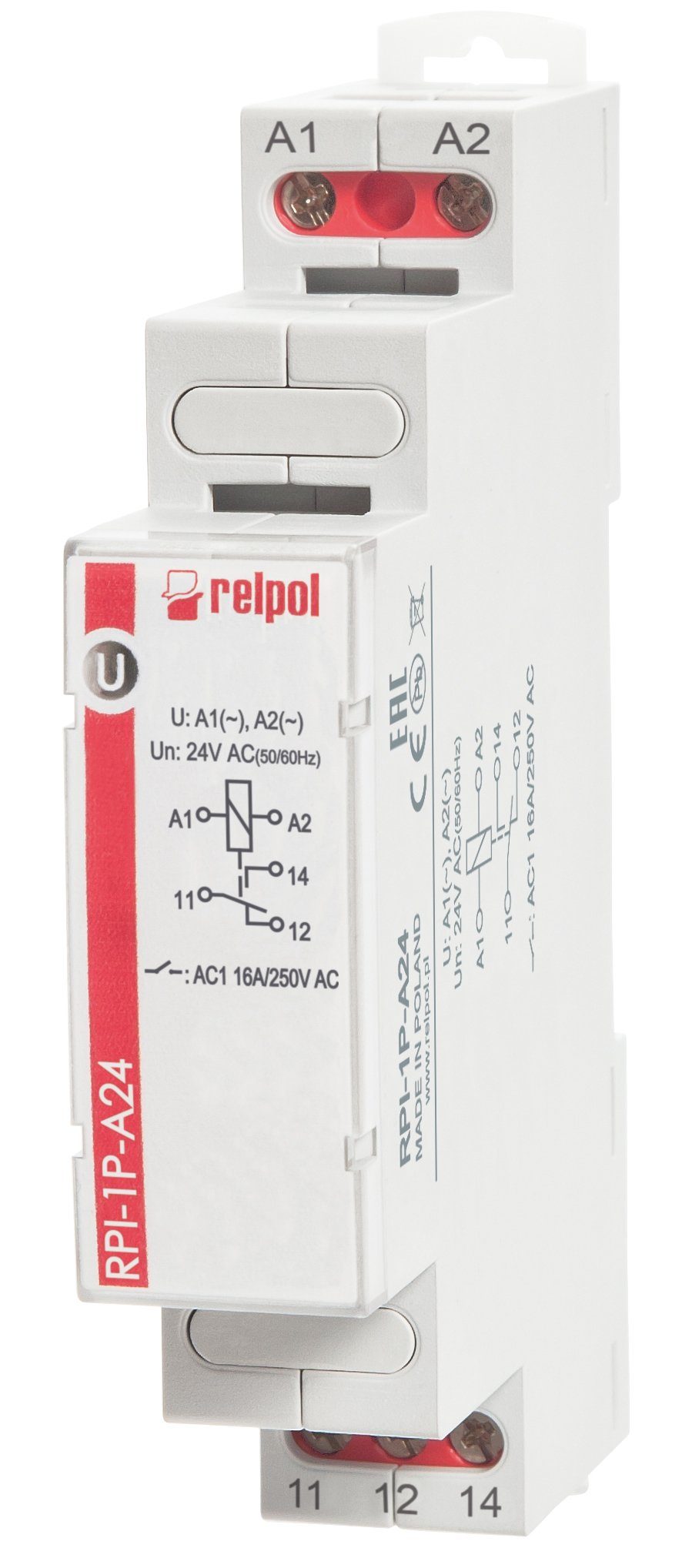 Verteilerbox AC RPI-1P-A24 Relpol für Installationsrelais Hutschiene - 24V Schaltrelais 1 Wechsler, 16A