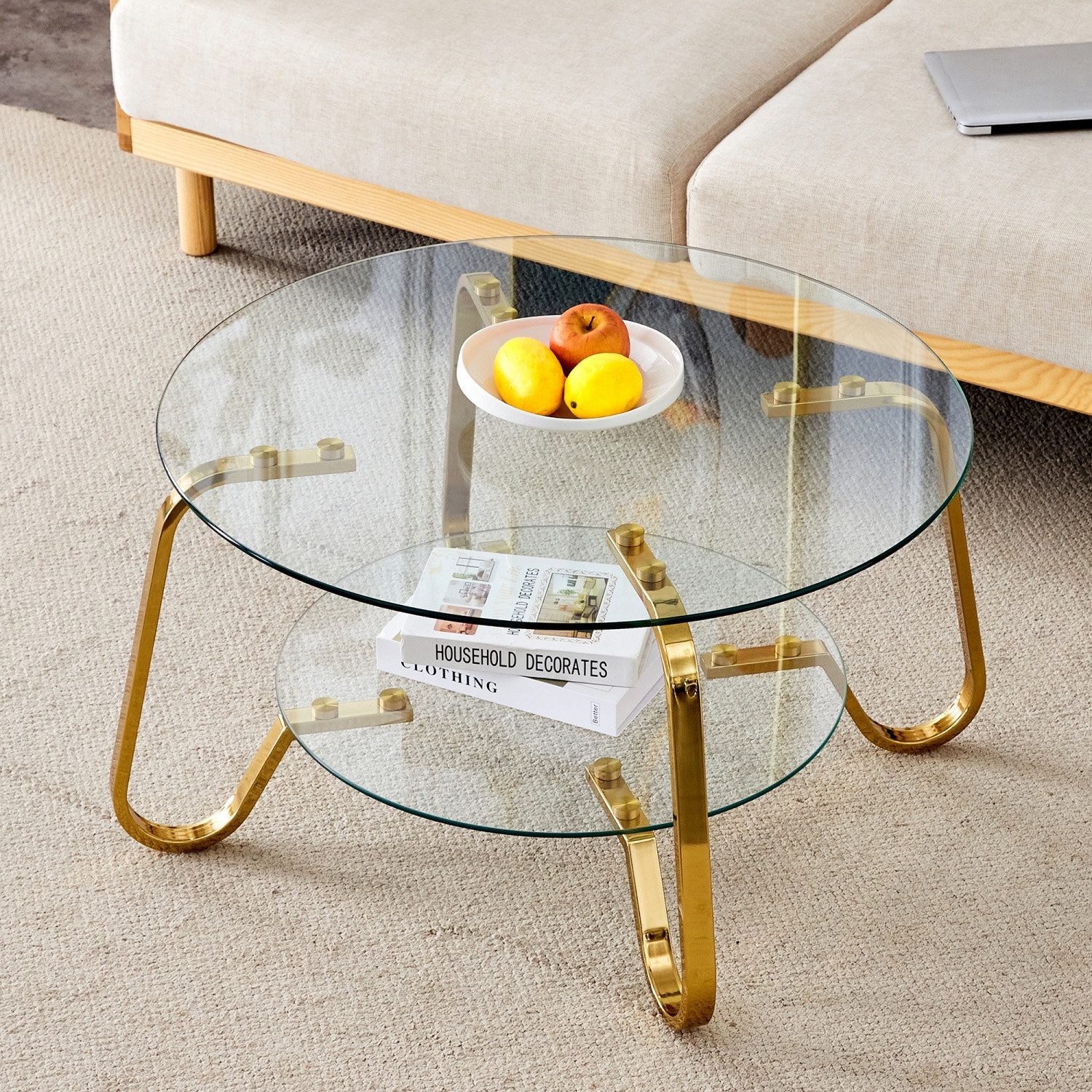 ANYSUN Couchtisch Glastisch Wohnzimmer,Couchtisch Glas Rund,Sofatisch φ80cm (Metallrahmen Doppelschicht gehärtetes Glas Couchtisch), Glas Couchtisch Beistelltisch Sofatisch, Kaffeetisch Glastisch Couch
