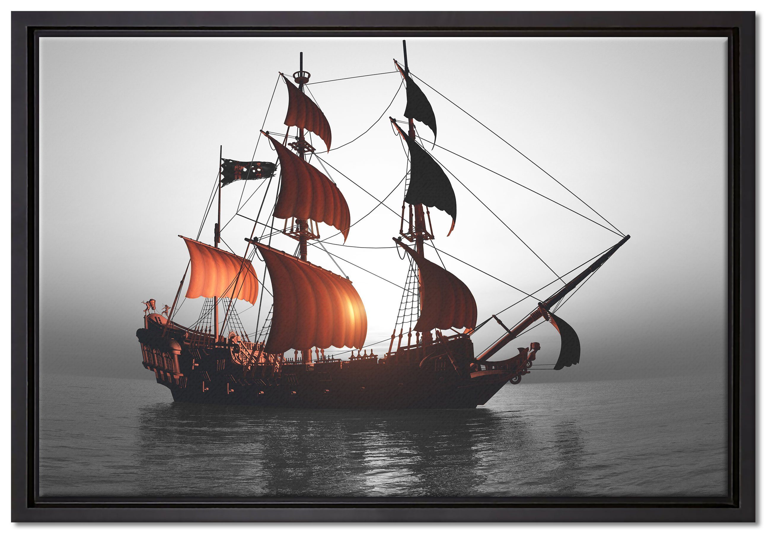 Zackenaufhänger bespannt, Gewaltiges St), Pixxprint gefasst, einem (1 Wanddekoration Segelschiff, in Leinwandbild Leinwandbild Schattenfugen-Bilderrahmen inkl. fertig